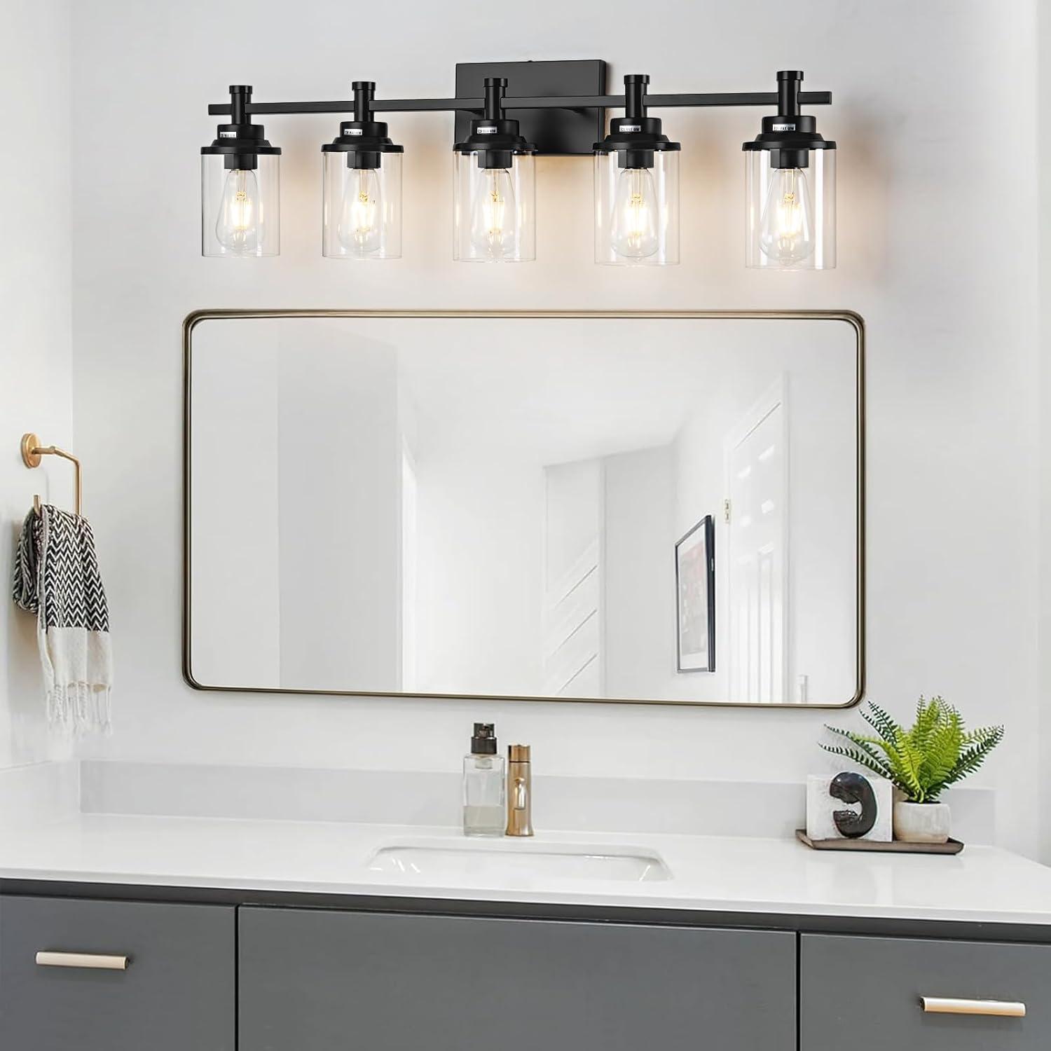 Matte Black 5-Light Bathroom Vanity Fixture with Glass Shades