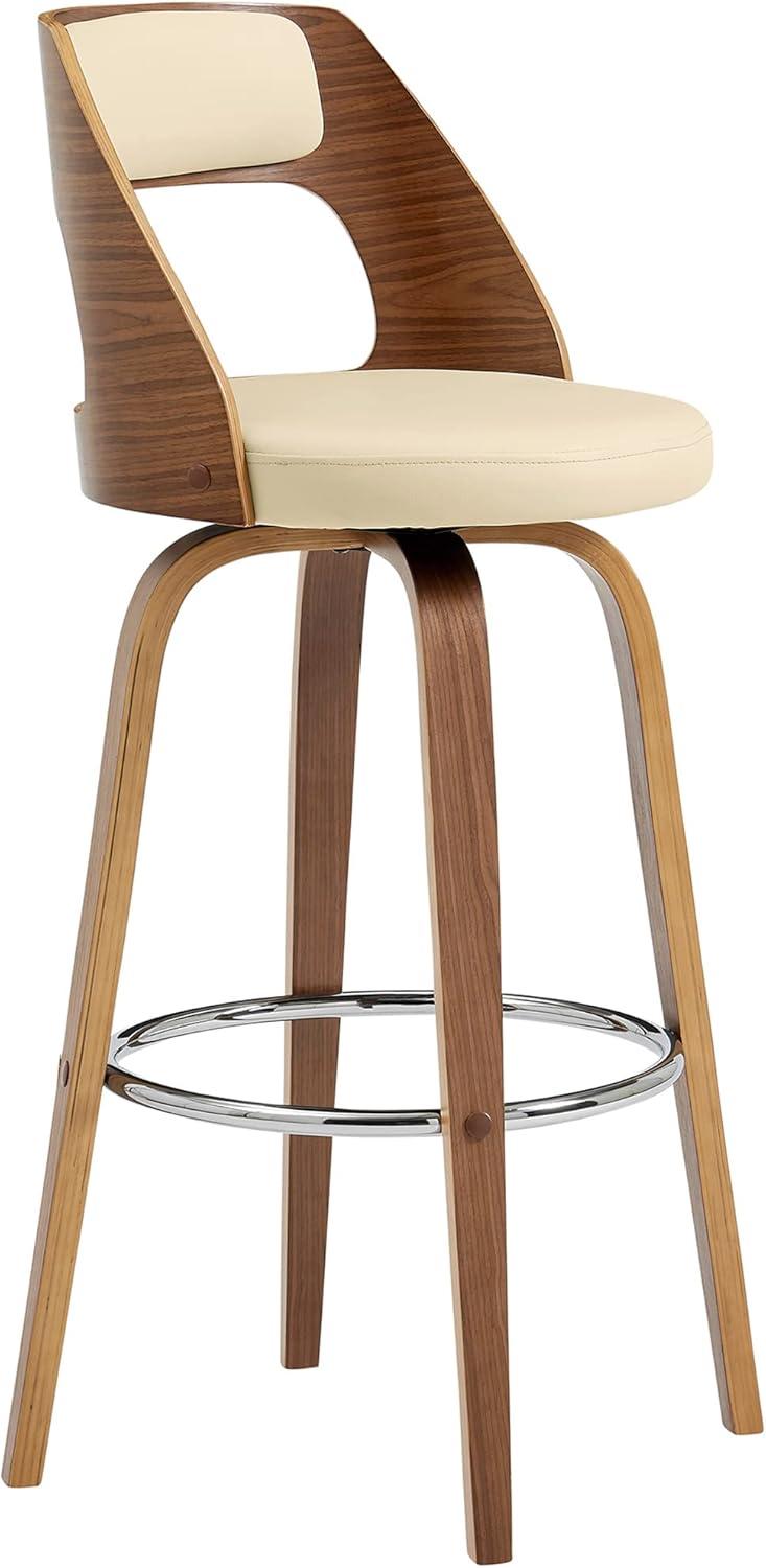 Cream Faux Leather and Walnut Wood Swivel Bar Stool