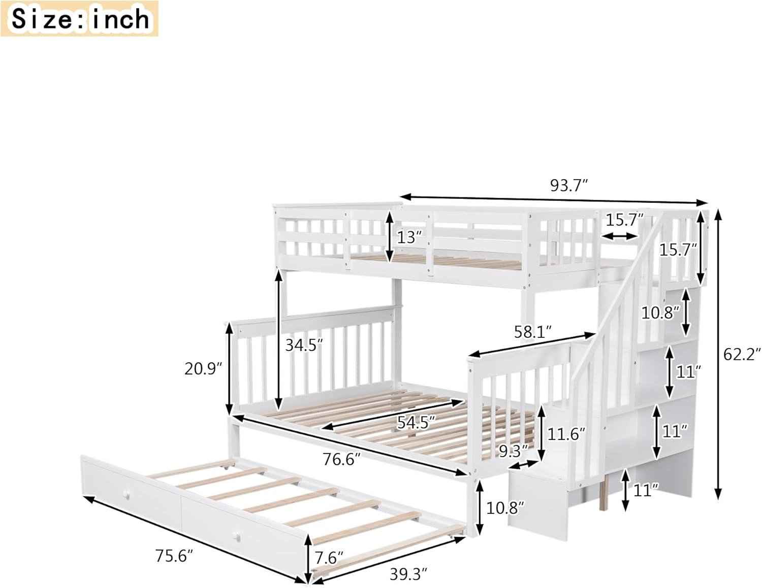 CITYLIGHT Bunk Bed Twin Over Full with Trundle, Bunk Beds with Stairs and Open Shelves, Wooden Stairway Bunk Bed for Kids, Teens,Bedroom, Dorm(White,Twin Over Full)