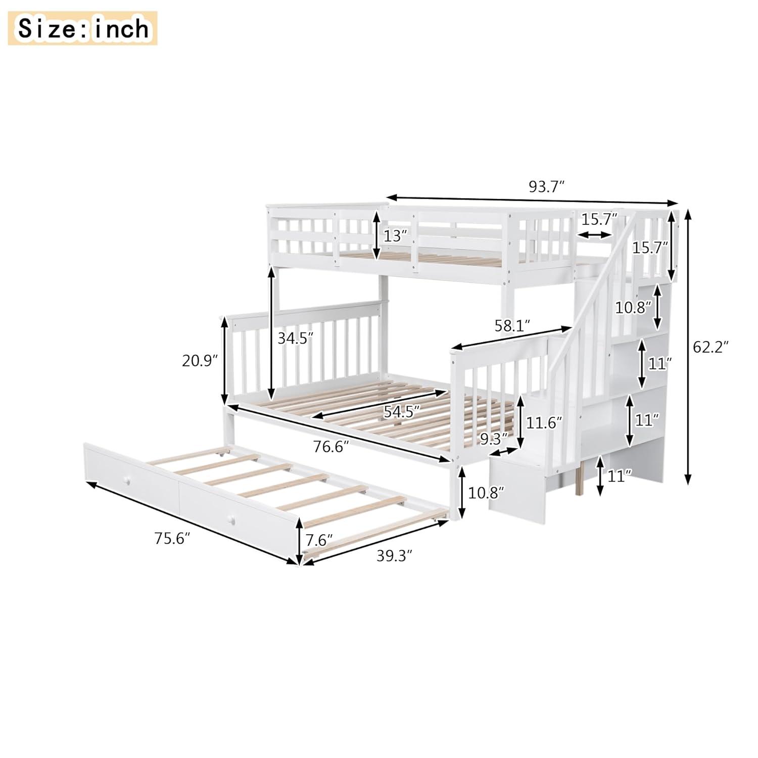 CITYLIGHT Bunk Bed Twin Over Full with Trundle, Bunk Beds with Stairs and Open Shelves, Wooden Stairway Bunk Bed for Kids, Teens,Bedroom, Dorm(White,Twin Over Full)