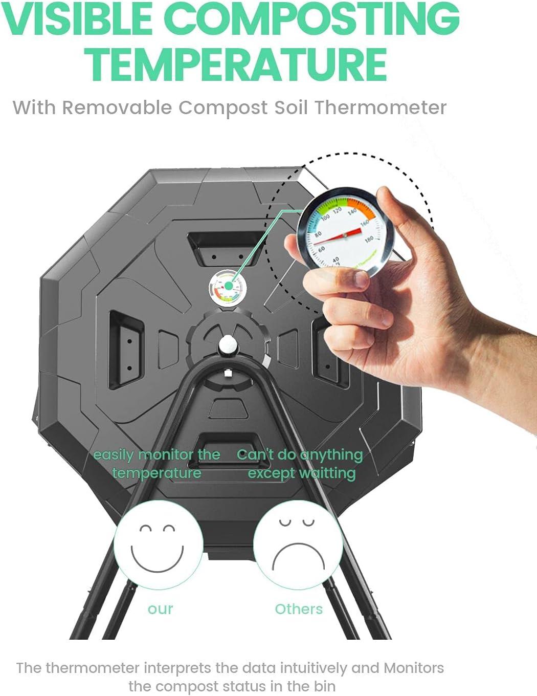 2021 Upgraded Tumbling Composter with Compost Thermometer - Dual Chamber Garden Tumbler Compost Bin
