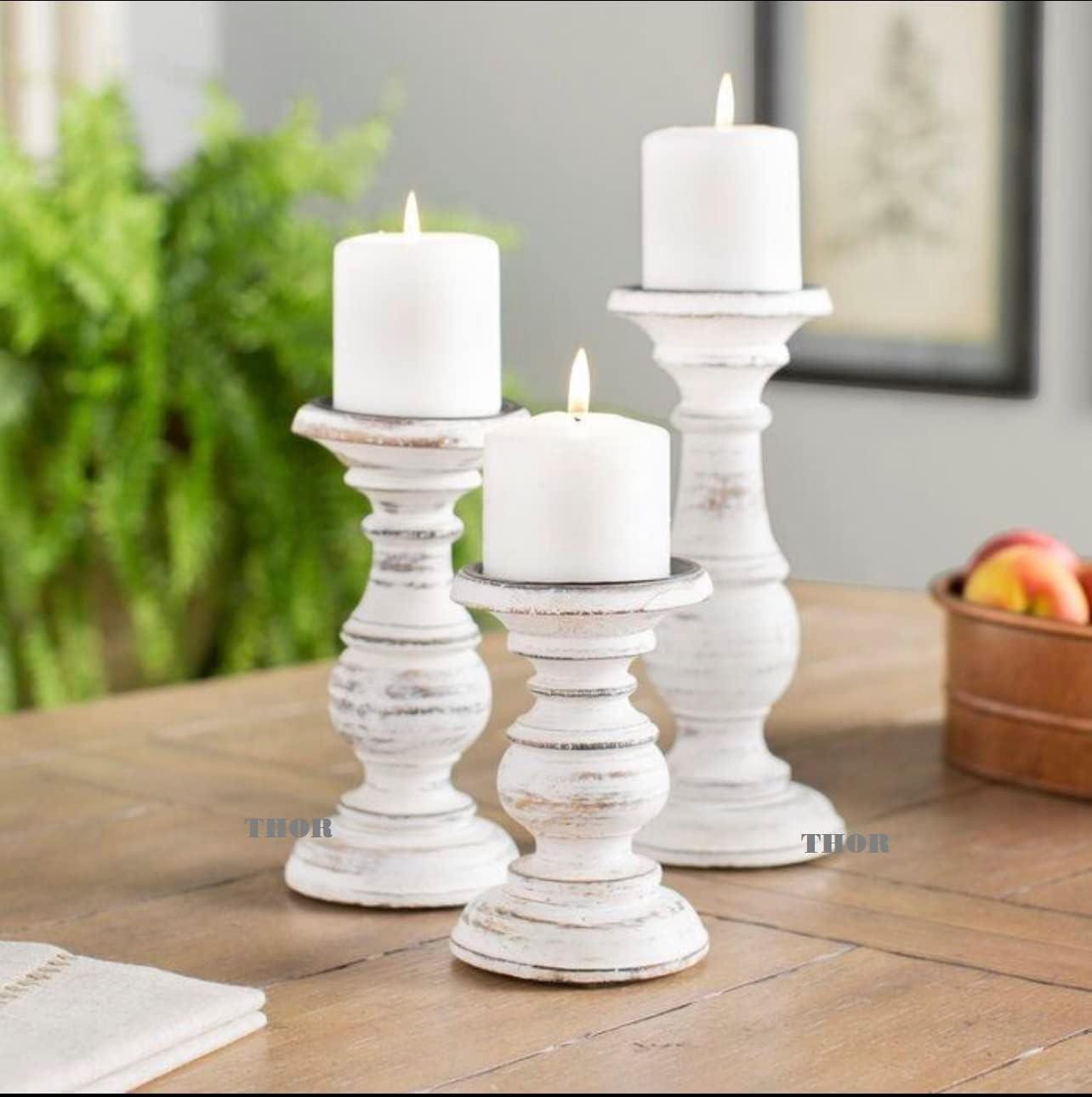 White Distressed Wood Pillar Candle Holder Set of 3