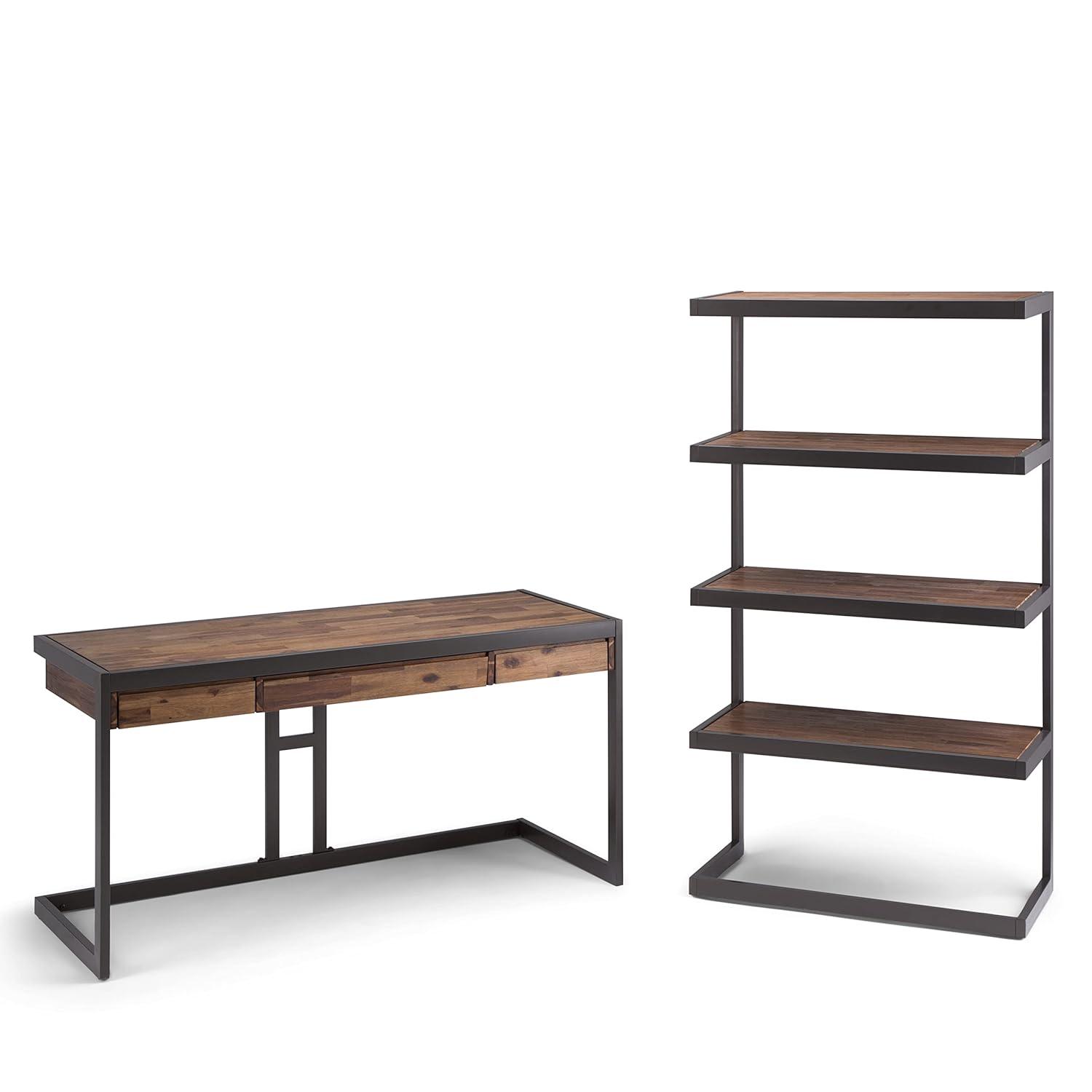 Erina SOLID ACACIA WOOD and Metal 66 inch x 36 inchRectangle Industrial Bookcase in Rustic Natural Aged Brown-Color:Rustic Natural Aged Brown,Material:Metal,Style:Modern Industrial