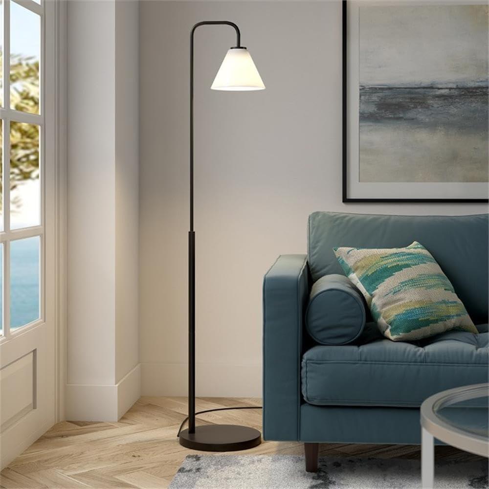 Evelyn&Zoe Henderson Arc Floor Lamp with Glass Shade, Brass/White Milk