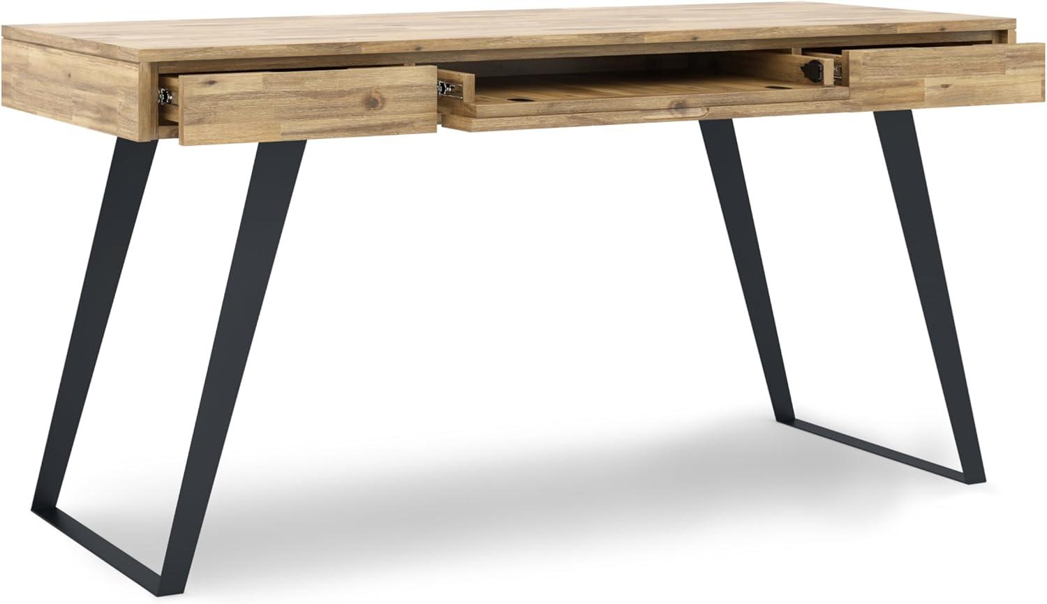Simpli Home Lowry Solid Acacia Wood Desk, Industrial Style with Keyboard Tray and 2 Drawers