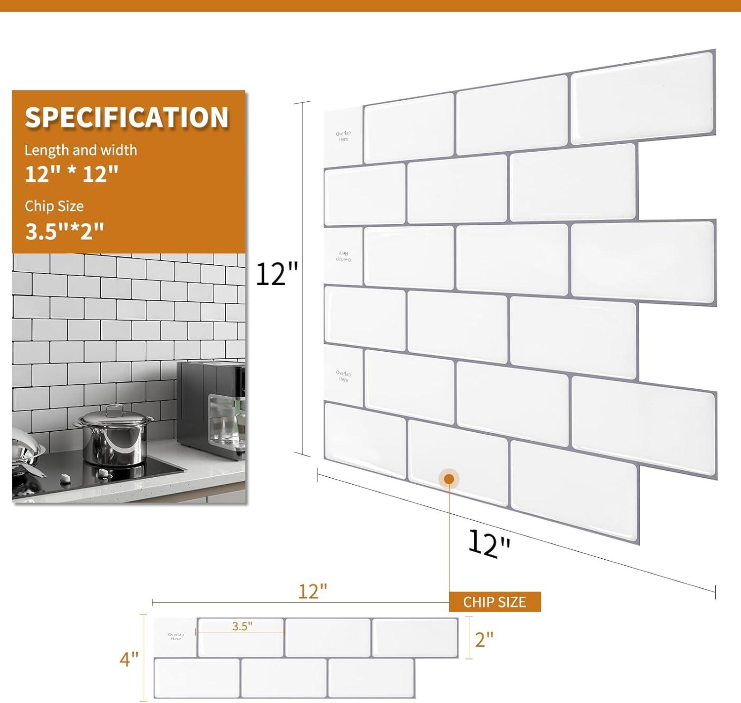 Art3d Peel and Stick Backsplash Tile, 10-Sheet Stick on Subway Tiles for Kitchem, Bathroom Back Splashes, 12"x12", Warm White with Black Grout