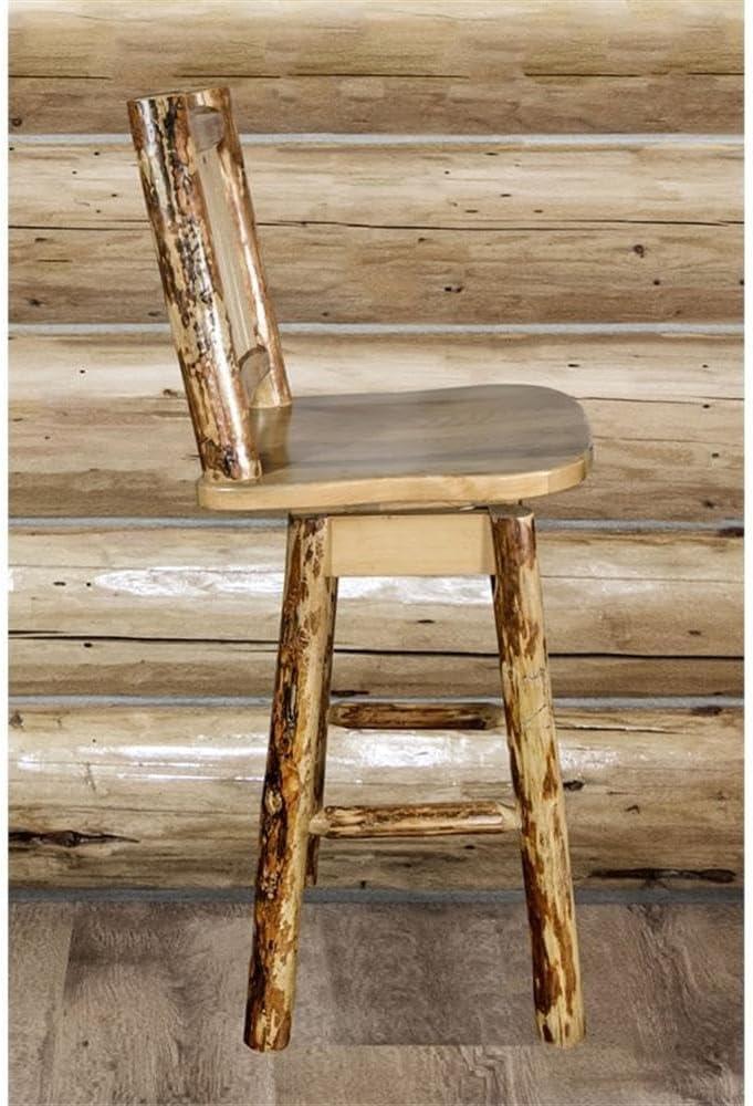 Rustic Lodge Pole Pine Swivel Barstool with Laser-Engraved Wolf