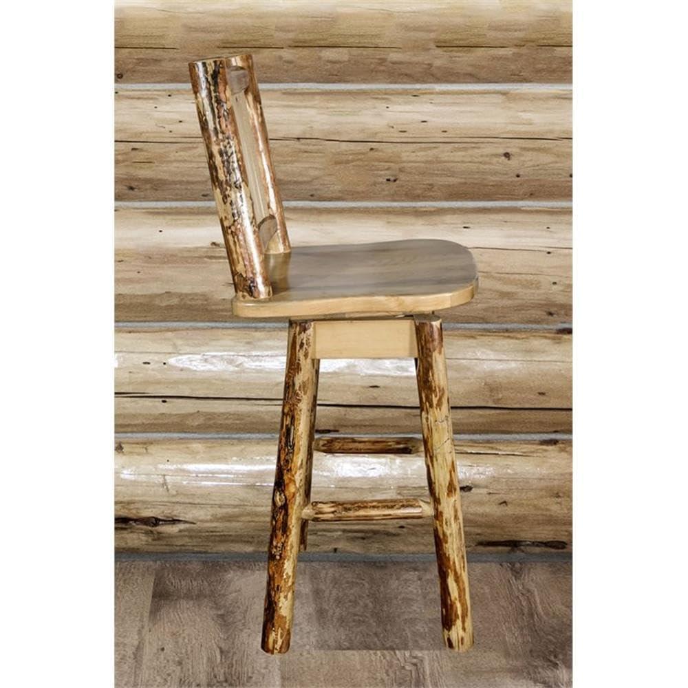 Rustic Lodge Pole Pine Swivel Barstool with Laser-Engraved Wolf