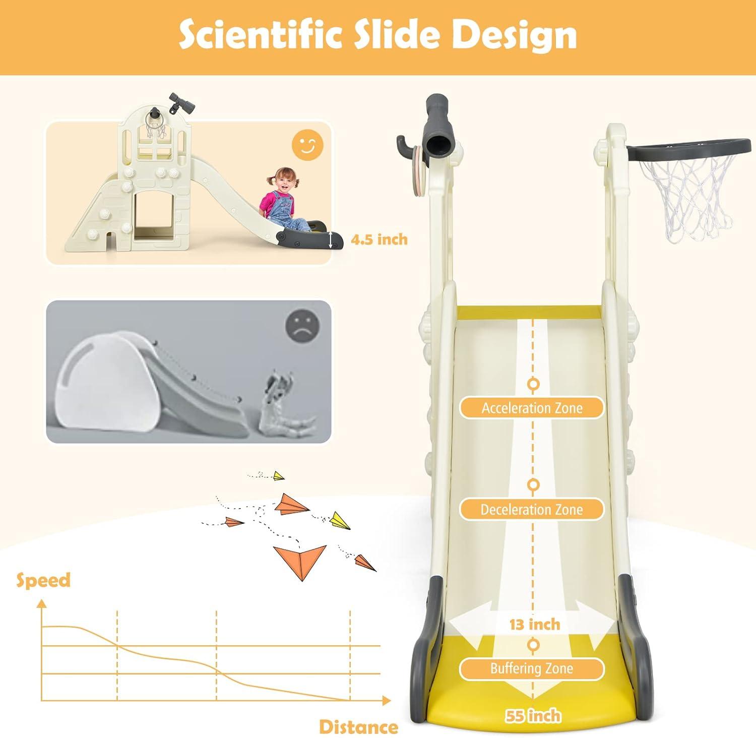 Costway 6-In-1 Large Slide for Kids Toddler Climber Slide Playset w/ Basketball Hoop Yellow