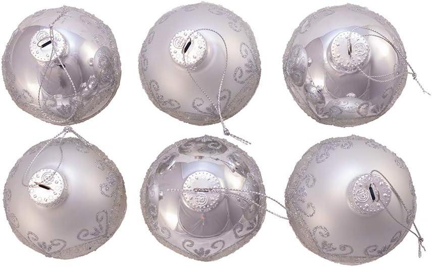 Kurt Adler 80MM Matte and Shiny Silver with Glitter Glass Ball Ornaments, 6 Piece Box