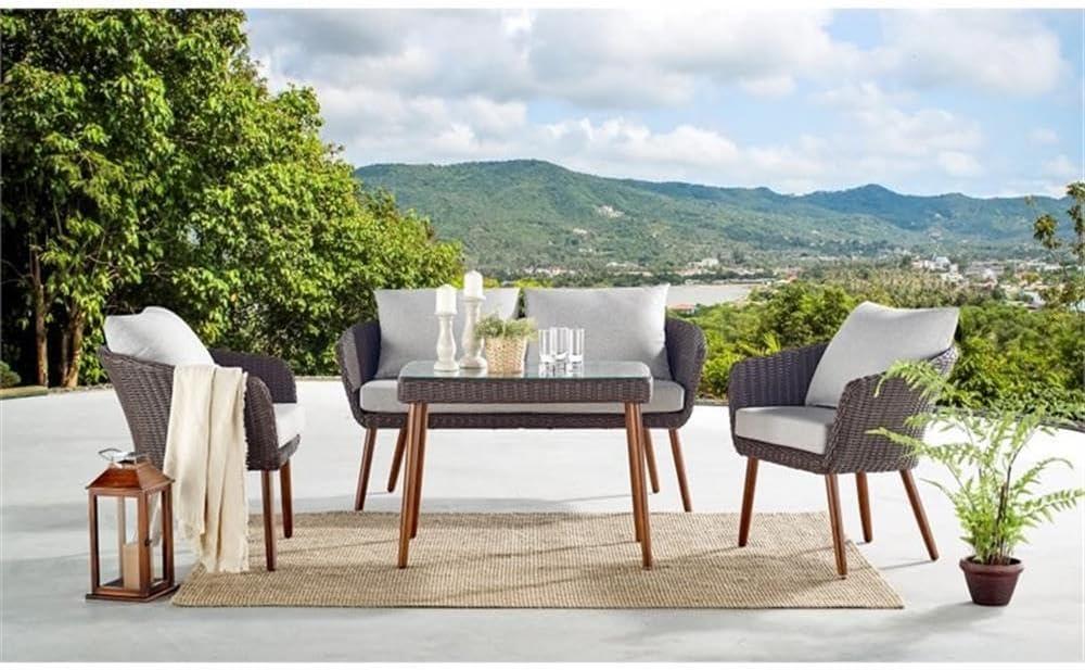 Athens Brown Wicker Outdoor Chairs with Light Gray Cushions, Set of 2