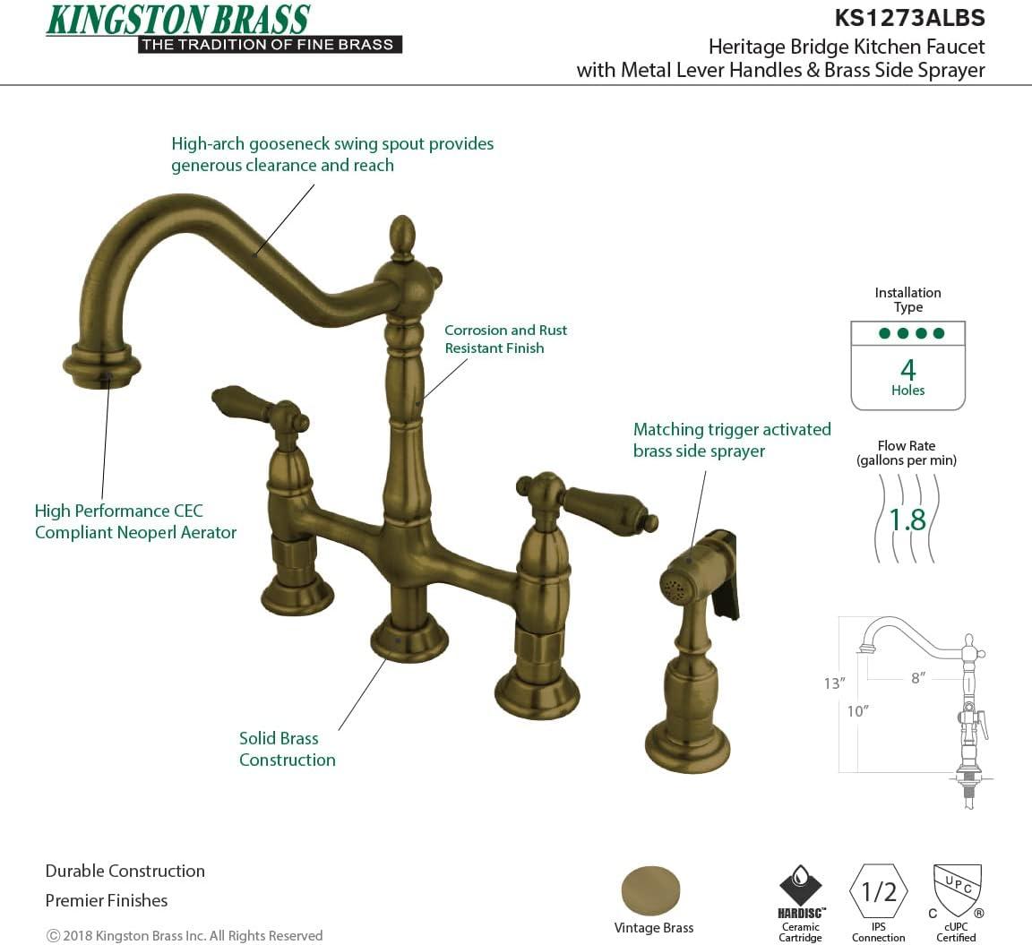 Kingston Brass KS1273ALBS Heritage 8-Inch Kitchen Bridge Faucet with Brass Sprayer, Antique Brass