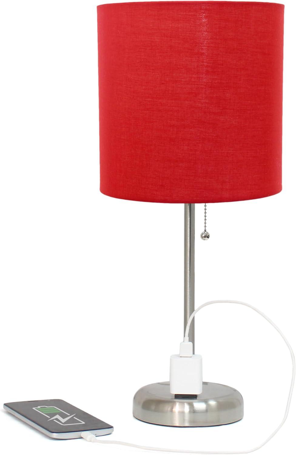 Brushed Steel Stick Table Lamp with Red Drum Shade and USB Port