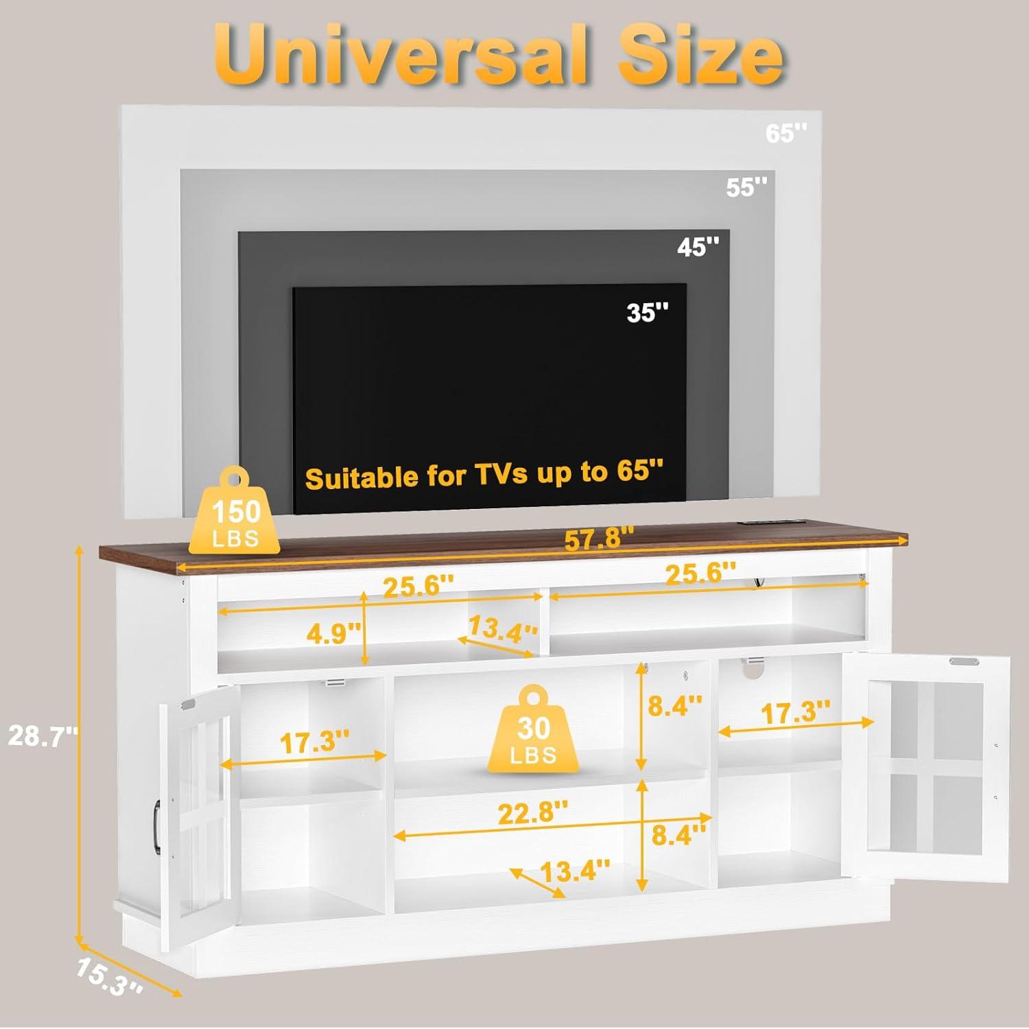TV Stand for 65 Inch TVs,Farmhouse Entertainment Center with LED Lights and Charging Station,TV Cabinet/Console Table with Adjustable Shelves and Glass Doors for Living Room White+Walnut