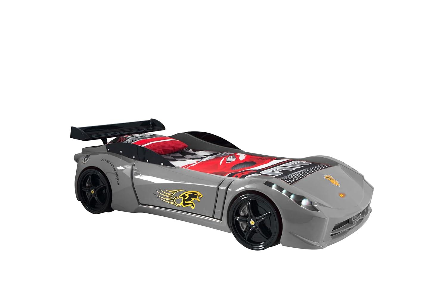 Titi Racer Modern Wood TT Twin Race Car Bed with Remote Control in Gray