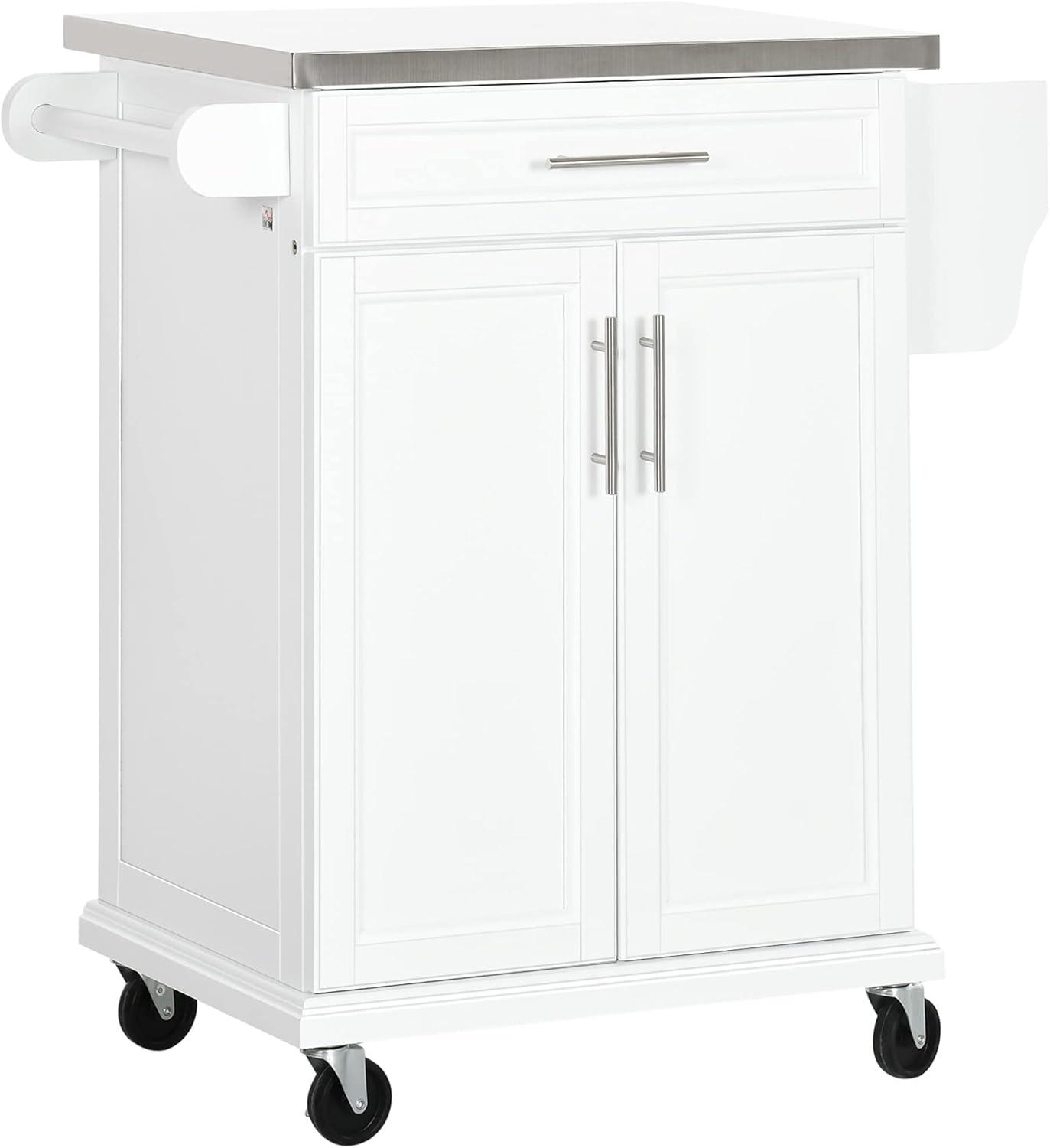 Qumbnk Stainless Steel Top Kitchen Cart with Wheels and Drawer, Modern Rolling Kitchen Island with Towel Rack and Spice Rack, White