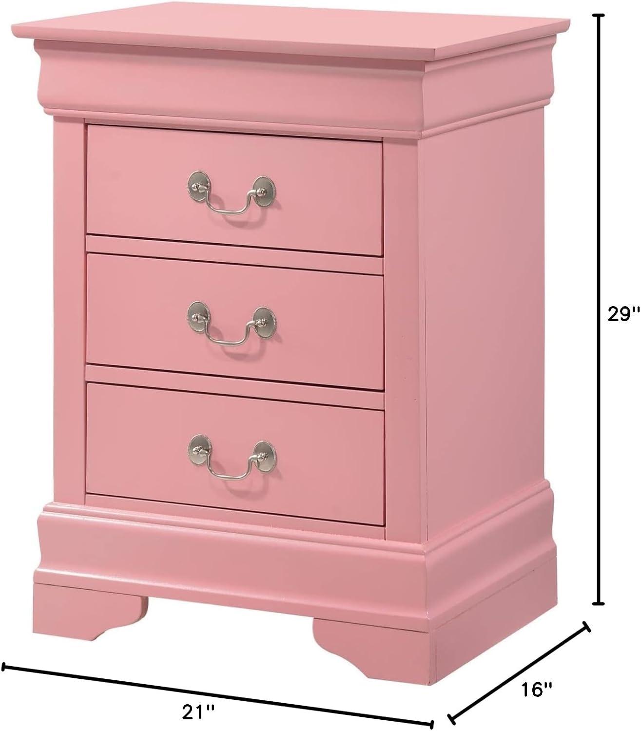 Pink 3 Drawer Nightstand with Real Wood Veneers