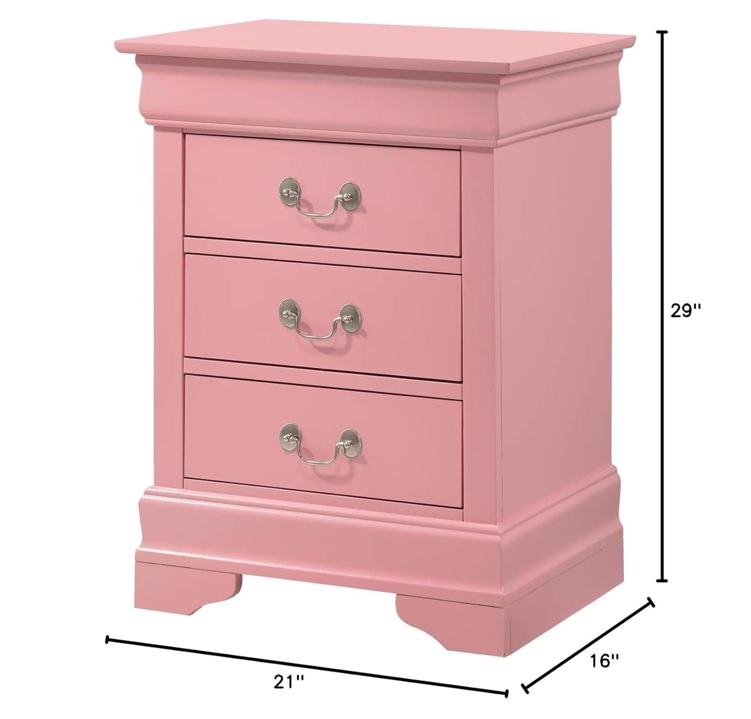 Pink 3 Drawer Nightstand with Real Wood Veneers