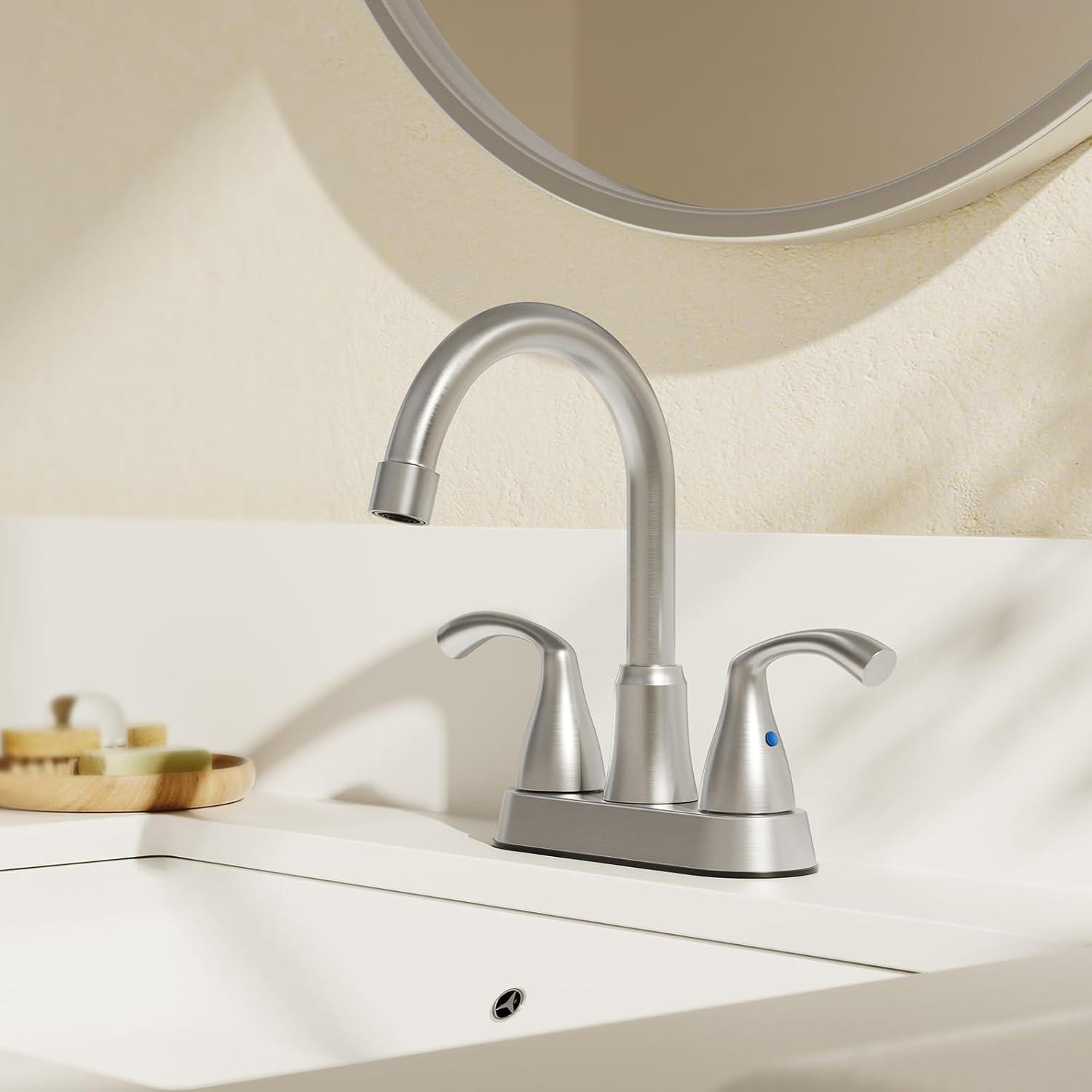 Phiestina Centerset 4 Inch 2 or 3 Holes Brushed Nickel Bathroom Faucet, Vanity Sink Faucet with 360 Swivel Spout, Metal Pop-up Drain and Water Supply Lines, JC180-BN