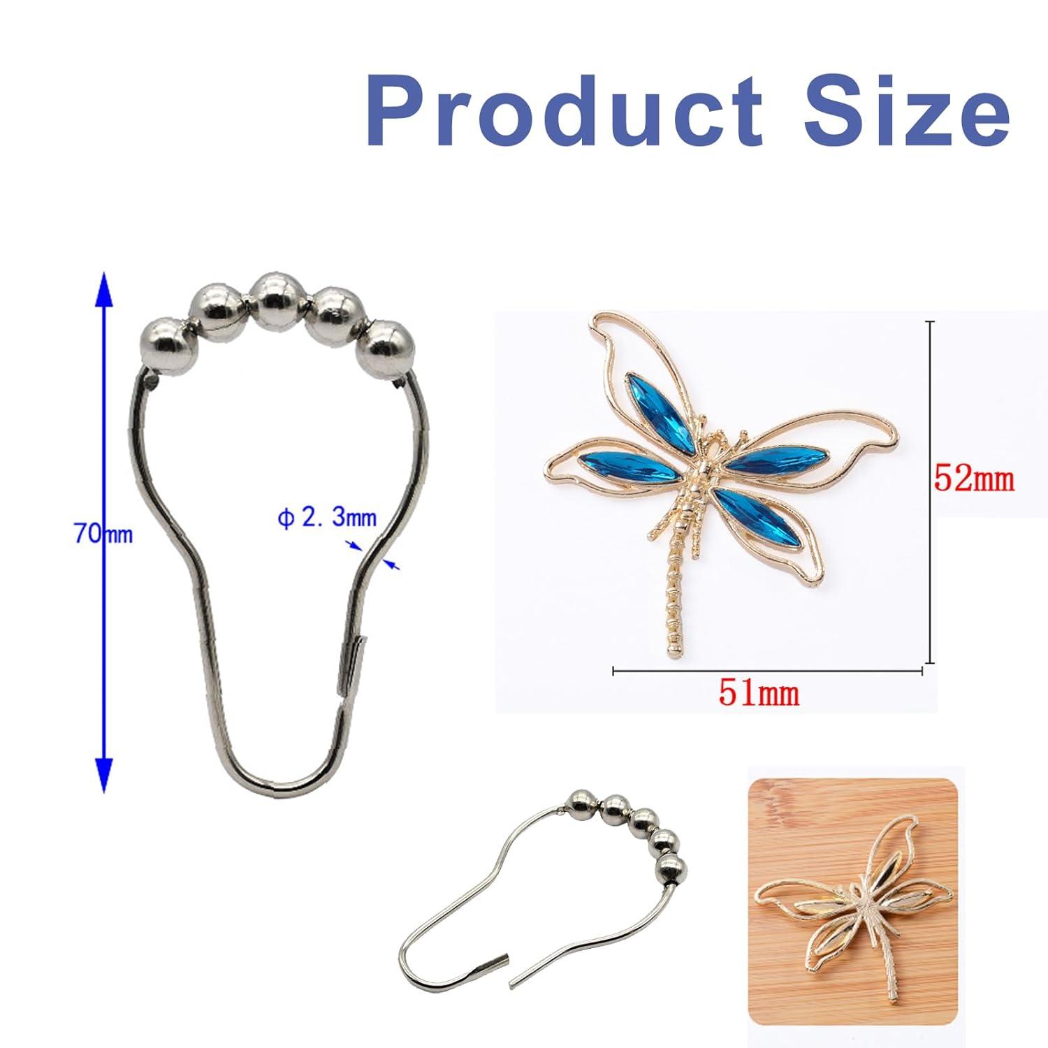 12PCS Shower Curtain Hooks,DIY Dragonfly Pendant Decorative Shower Curtain Rings,Anti-Rust Metal Shower Hooks, Cute Decor for Bathroom, Baby Room, Bedroom, Living Room