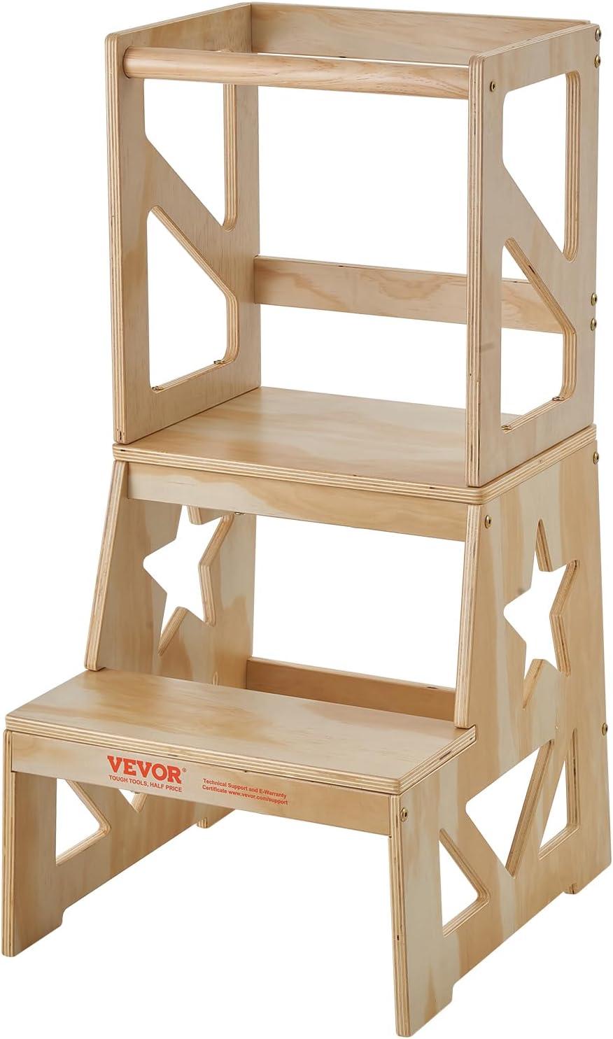 Toddler Step Stool 150lbs. Load Natural Pine Wood Toddler Stool Helper with Safety Rail for Bedroom Bathroom Kitchen Kid