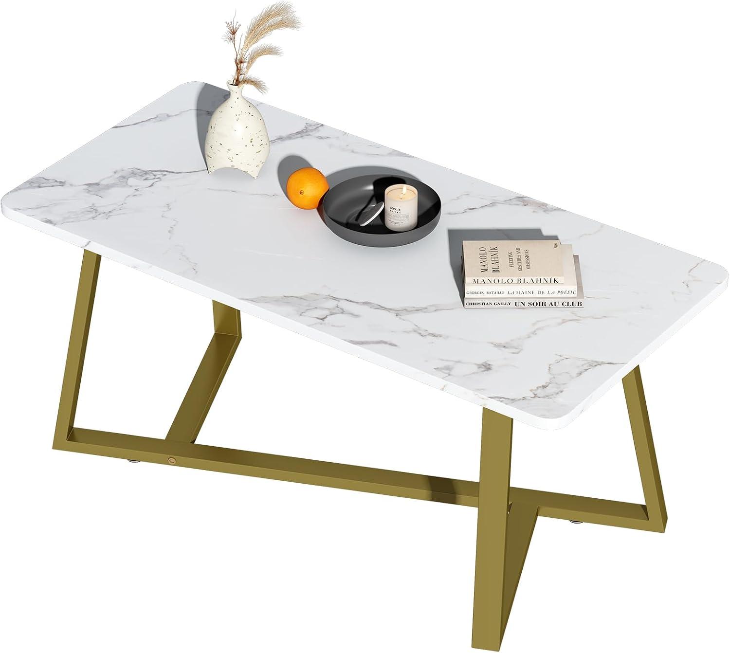 White Faux Marble Rectangular Coffee Table with Gold Metal Legs