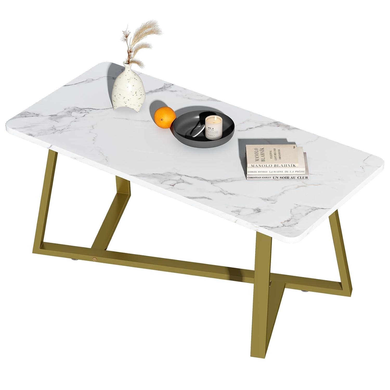 White Faux Marble Rectangular Tea Table with Sturdy Metal Frame, Simple Modern Industrial Wooden Coffee Table for Living Room