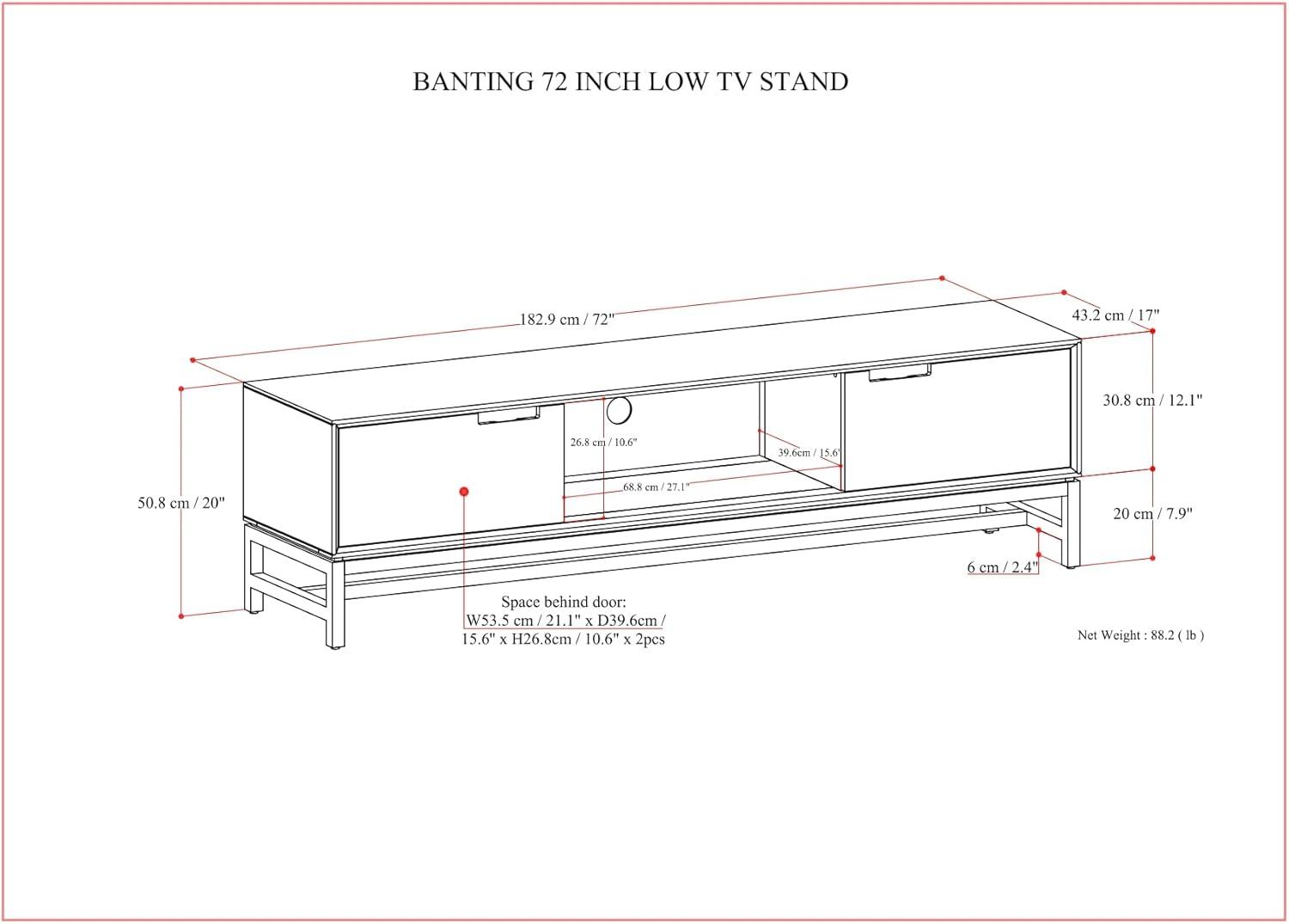 Simpli Home Banting 72"W Solid Hardwood Industrial Low TV Stand for TVs up to 80" with 2 Cabinets and Metal Base
