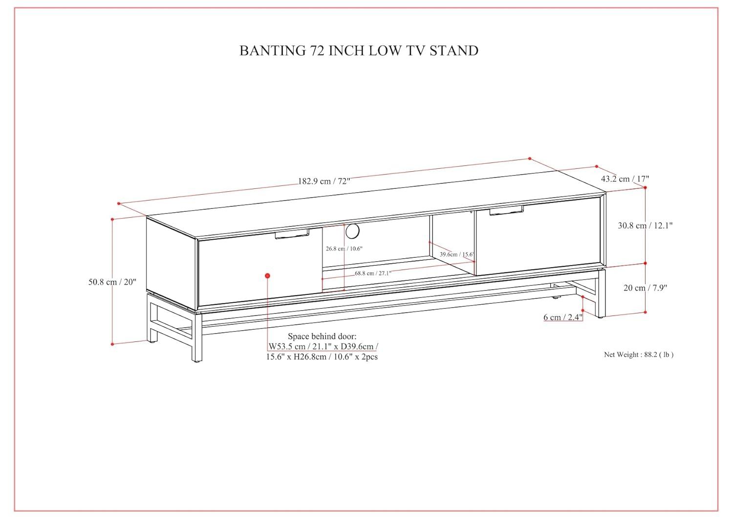 Simpli Home Banting 72"W Solid Hardwood Industrial Low TV Stand for TVs up to 80" with 2 Cabinets and Metal Base