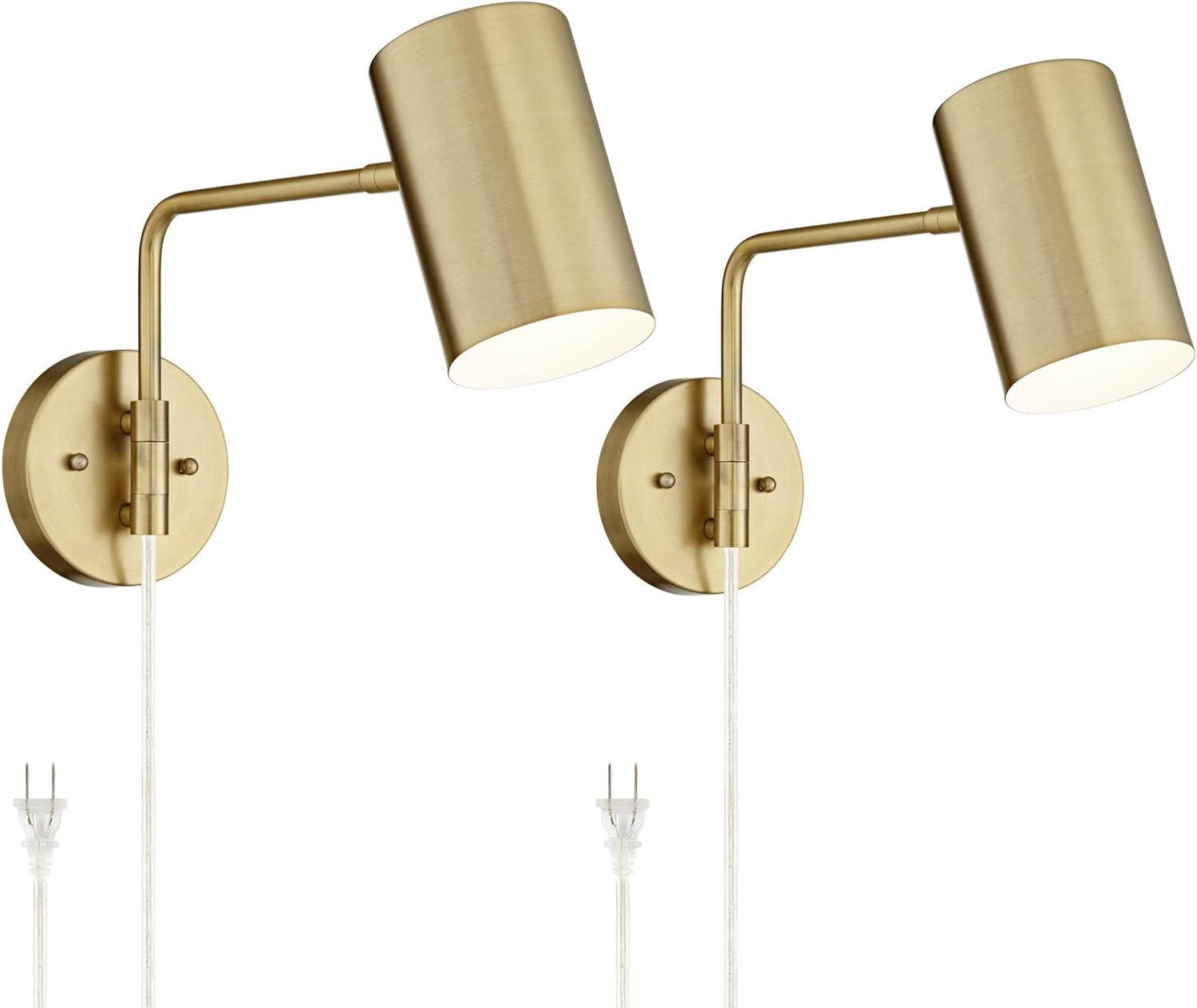 360 Lighting Carla Modern Swing Arm Wall Lamps Set of 2 Brushed Brass Plug-in Light Fixture Up Down Cylinder Shade for Bedroom Bedside Living Room