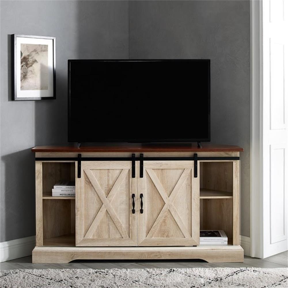 Traditional Brown and White Oak Corner TV Stand with Sliding Barn Doors