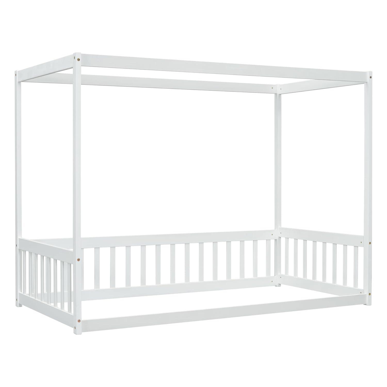 Twin Bed Frame with Fence, Modern Platform Bed Frame Canopy Floor Bed with Guardrail, Solid Wood Twin Bed Frame No Box Spring Needed Cute Montessori Floor Bed, Easy Assembly, White