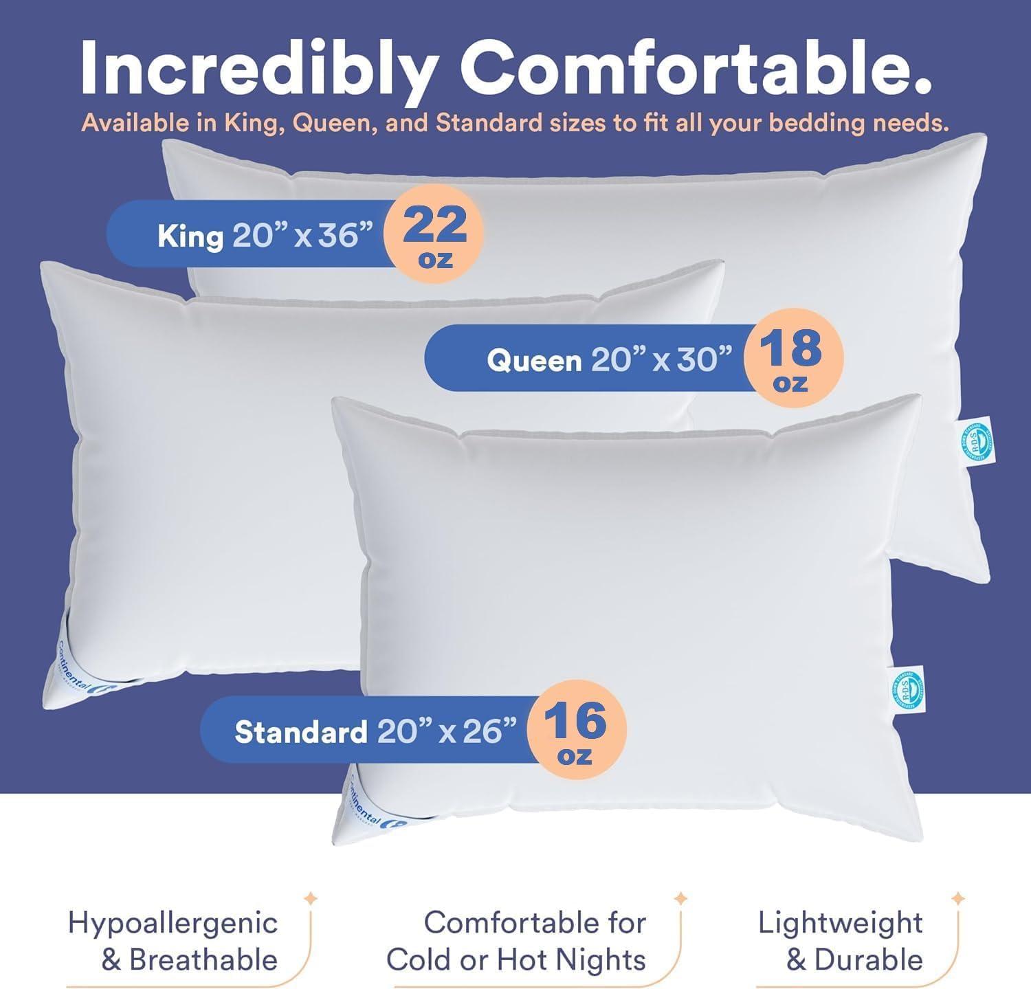 ContinentalBedding Continental Bedding Soft Down Pillows, 2-Pack, 550FP, 75% Down 25% Feather, 400TC 100% Cotton Cover (Set of 2)