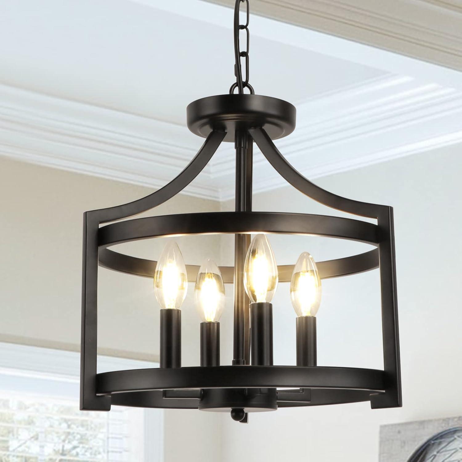 Chandelier Convertible Semi Flush Mount Ceiling Light, YANSUN 4-Light Modern Farmhouse Rustic Round Cage Chandeliers for Kitchen, Dining Room, Foyer, Entryway.Black and Brushed Nickel