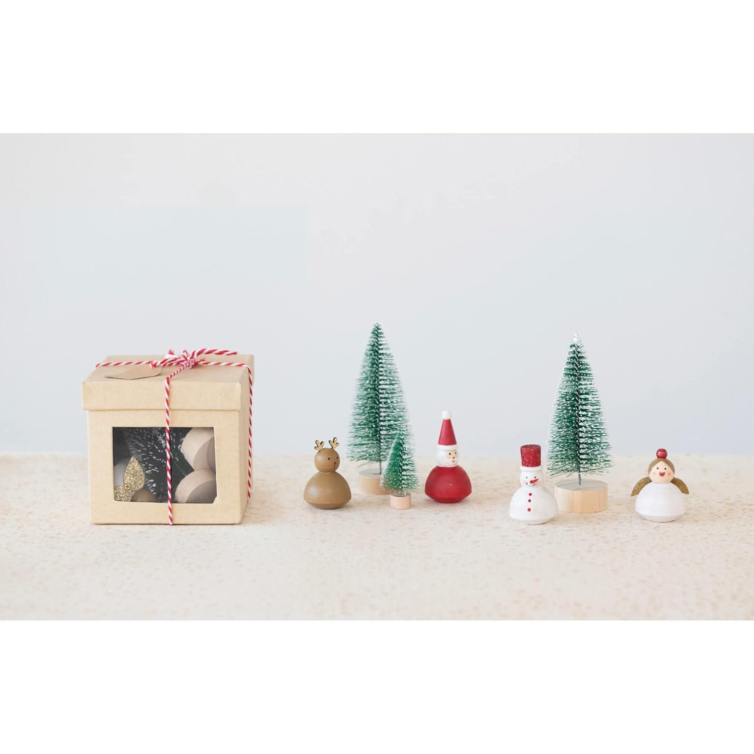 Creative Co-Op Christmas Garden Kit with Hand-Painted Wood Figures and Bottle Brush Trees, Multicolor