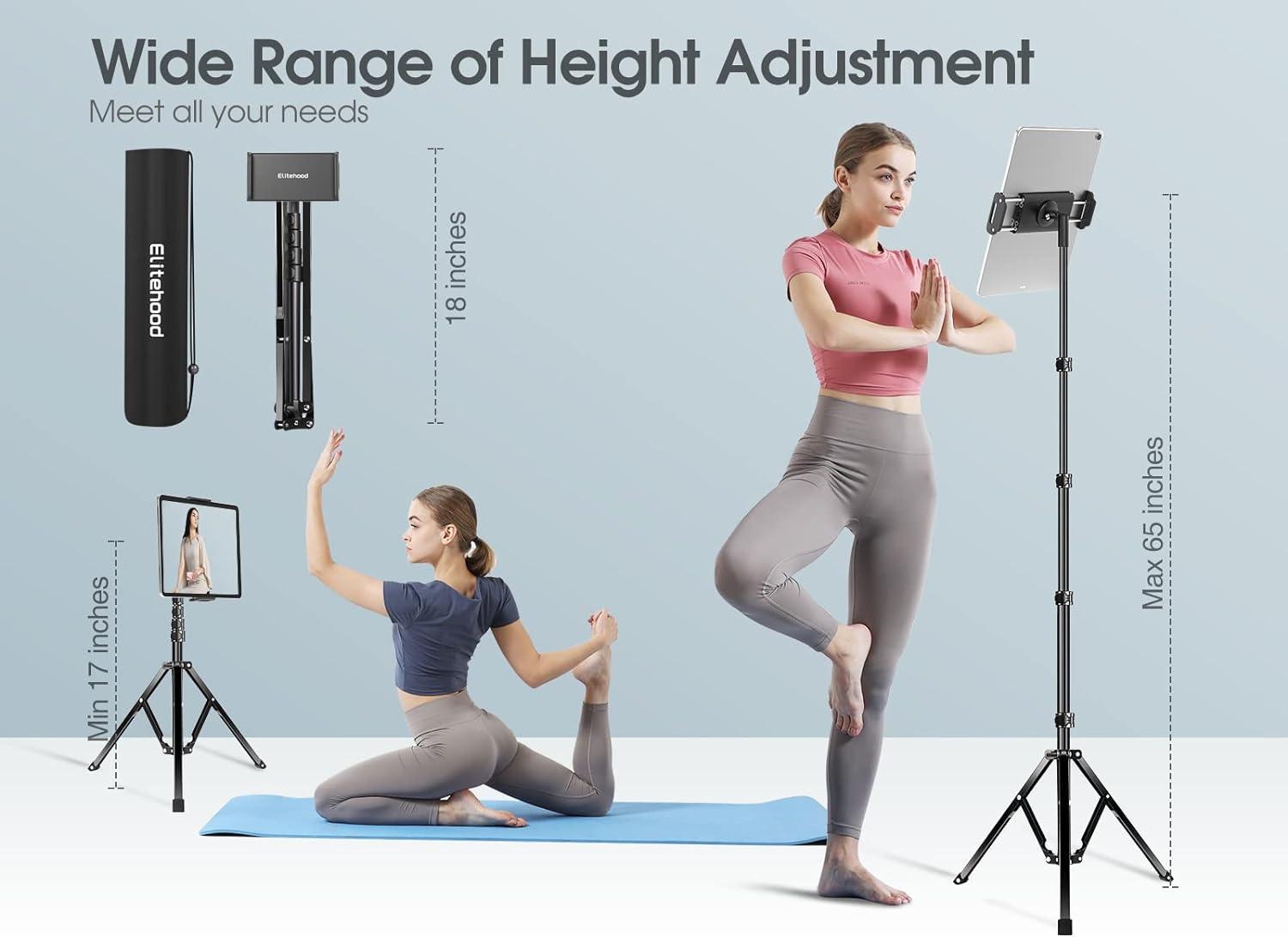 elitehood Aluminum iPad Stand Tripod, 65'' Adjustable Tablet Tripod Holder, 360 Degree Rotating iPad Holder Stand for Floor, Compatible with 4.7-13" Tablets and Phones– Black