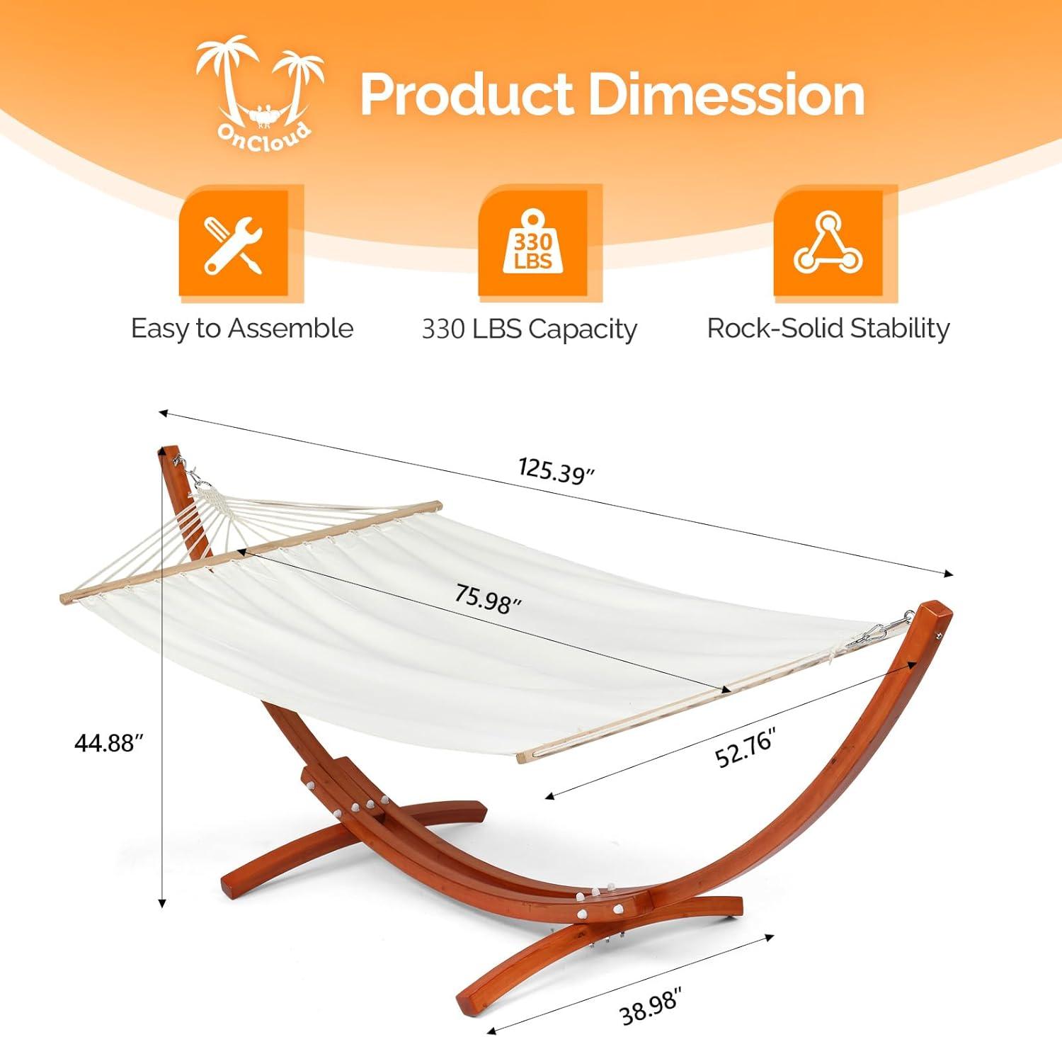 10.5 ft White Canvas Double Hammock with Pine Wood Arc Stand