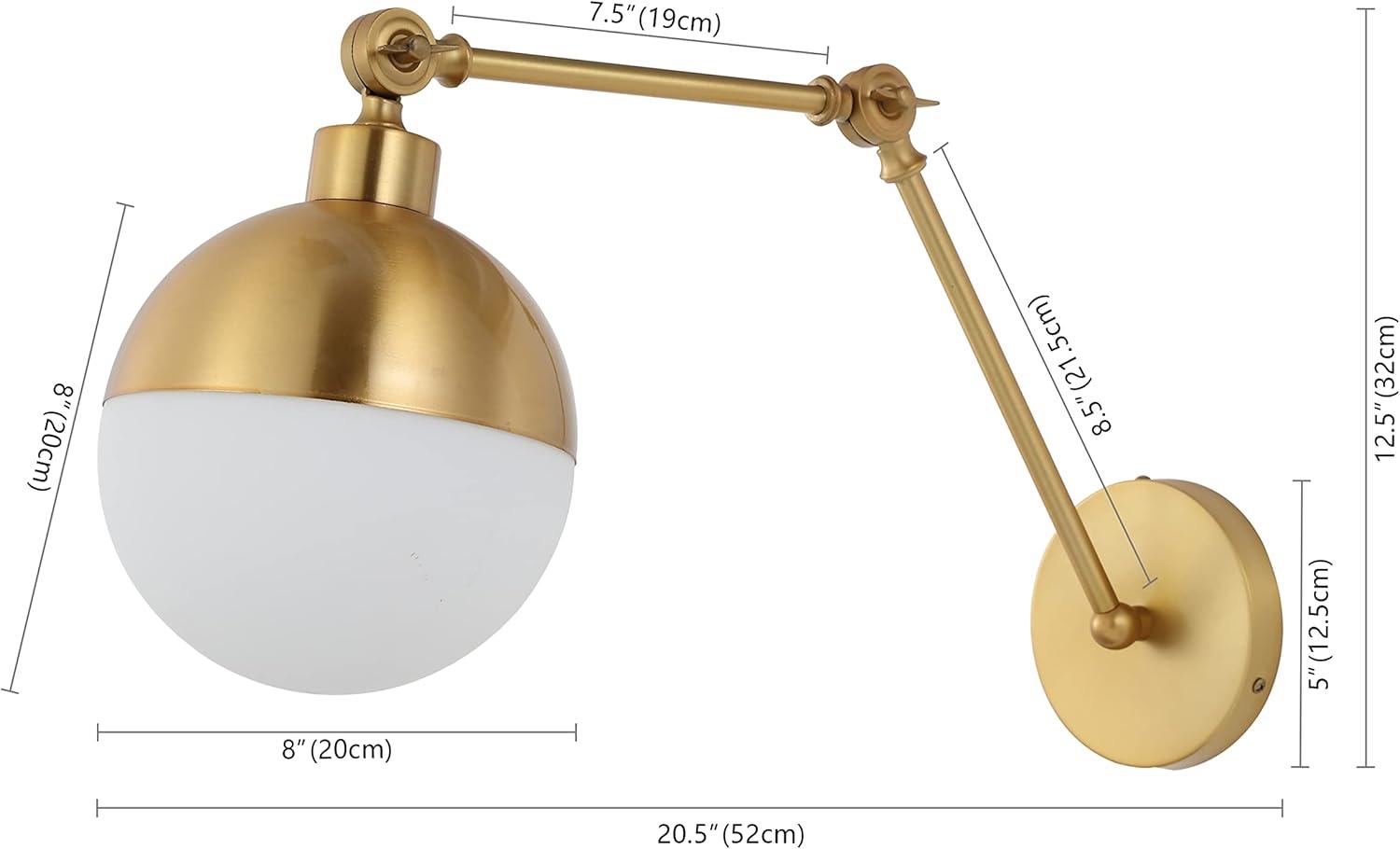 Alba 8" 1-Light Mid-Century Modern Arm-Adjustable Iron/Glass LED Sconce, Brass Gold/Frosted