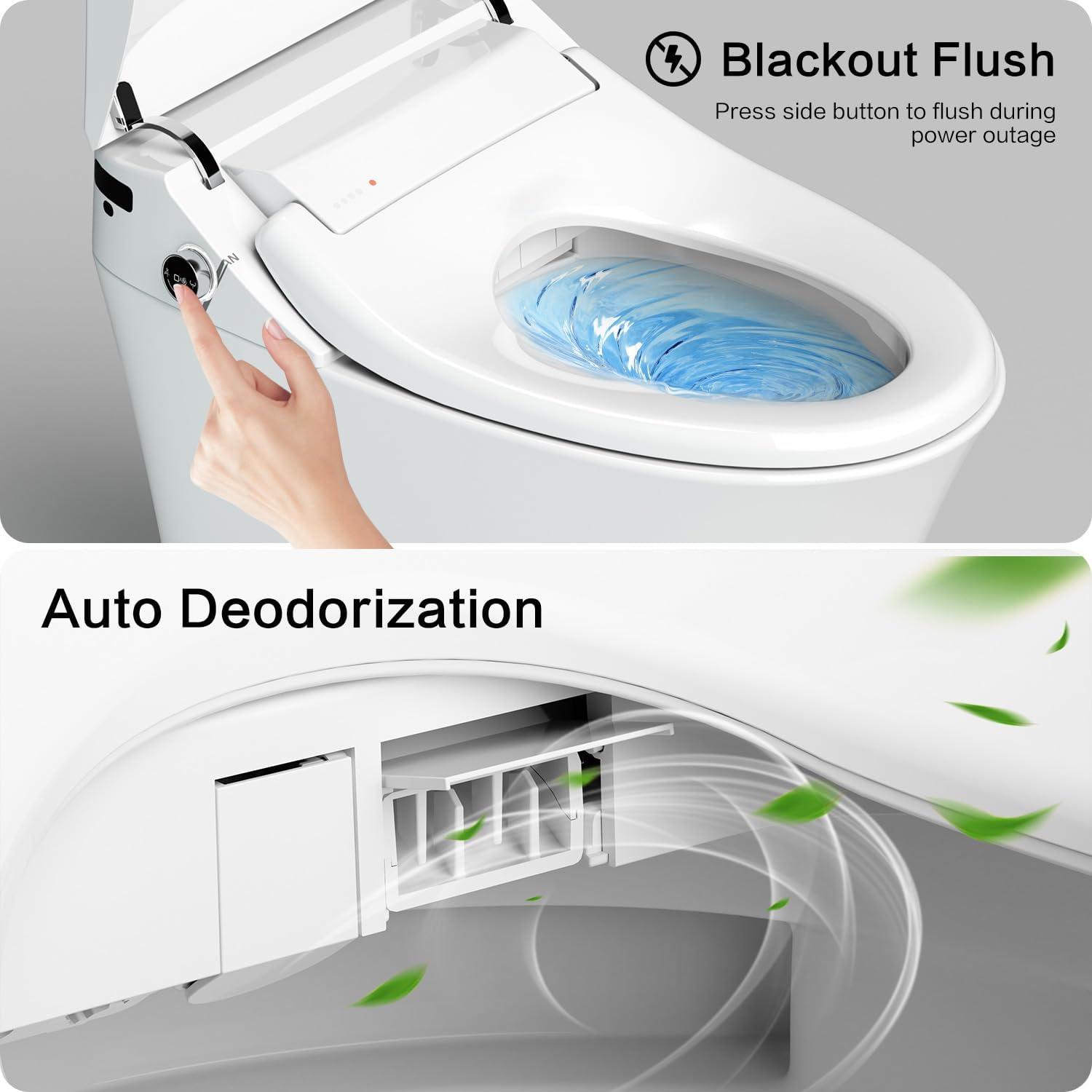 Smart Toilet with Warm Water Sprayer, Foot Sensor Operation, Heated Bidet Seat, Raised Tankless Toilet with LED Display