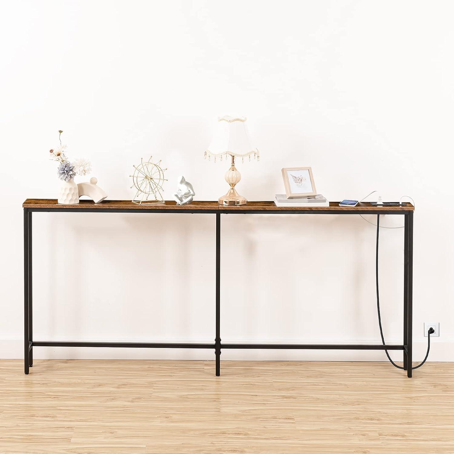 HOOBRO 70.9" Skinny Console Table with Charging Station Slim Sofa Table Hallway Foyer Rustic Brown BF185UXG01