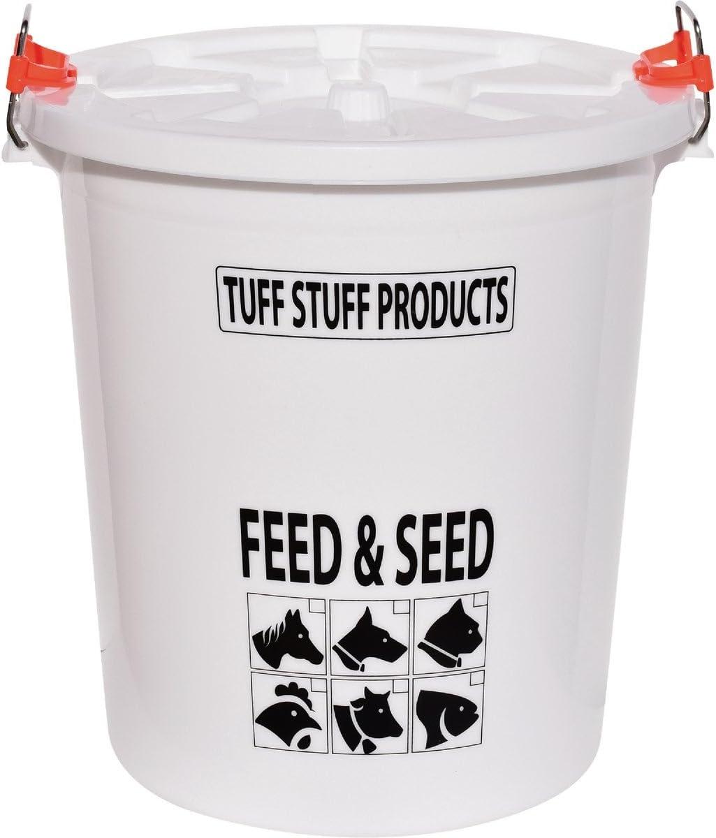 Tuff Stuff Products FS12 12 Gallon Seed and Animal Feed Heavy Duty Plastic Drum Bucket with Lock Lid for Dogs, Cats, Chickens, Cows, and Horses