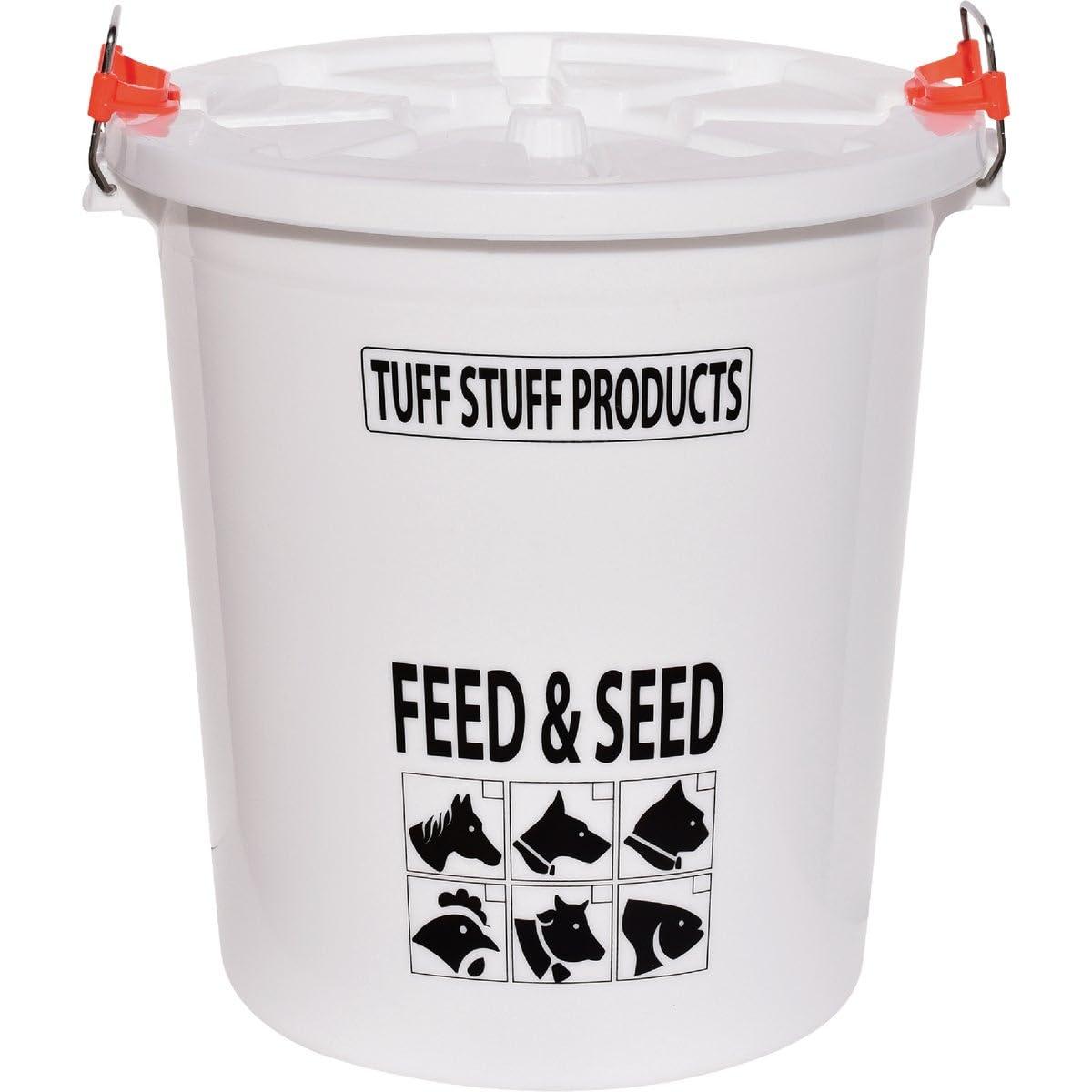 Tuff Stuff Products FS12 12 Gallon Seed and Animal Feed Heavy Duty Plastic Drum Bucket with Lock Lid for Dogs, Cats, Chickens, Cows, and Horses