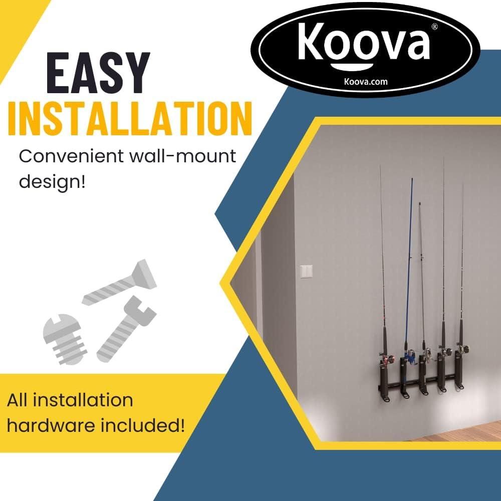 Koova Wall Mount Fishing Rod Holders & Reel Storage | Sturdy Fishing Pole Holders | Steel Rack Fishing Organizers and Storage | Fishing Pole Rack for Garage & Storage Sheds | Fishing Storage Organizer