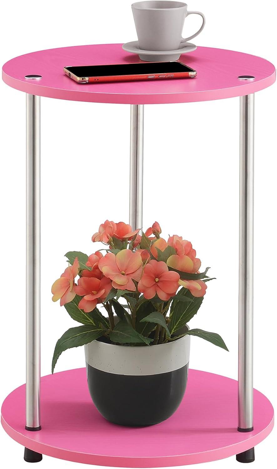 Convenience Concepts Designs2Go No Tools 2 Tier Round End Table, Pink/Chrome