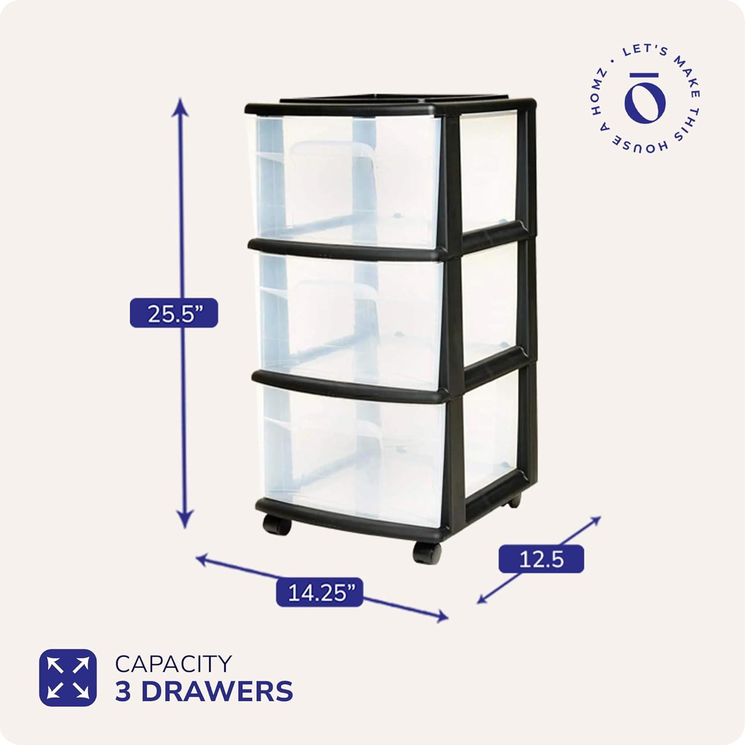 HOMZ 3-Drawer Cart Organizer with Removeable Wheels, Medium, Black & Clear