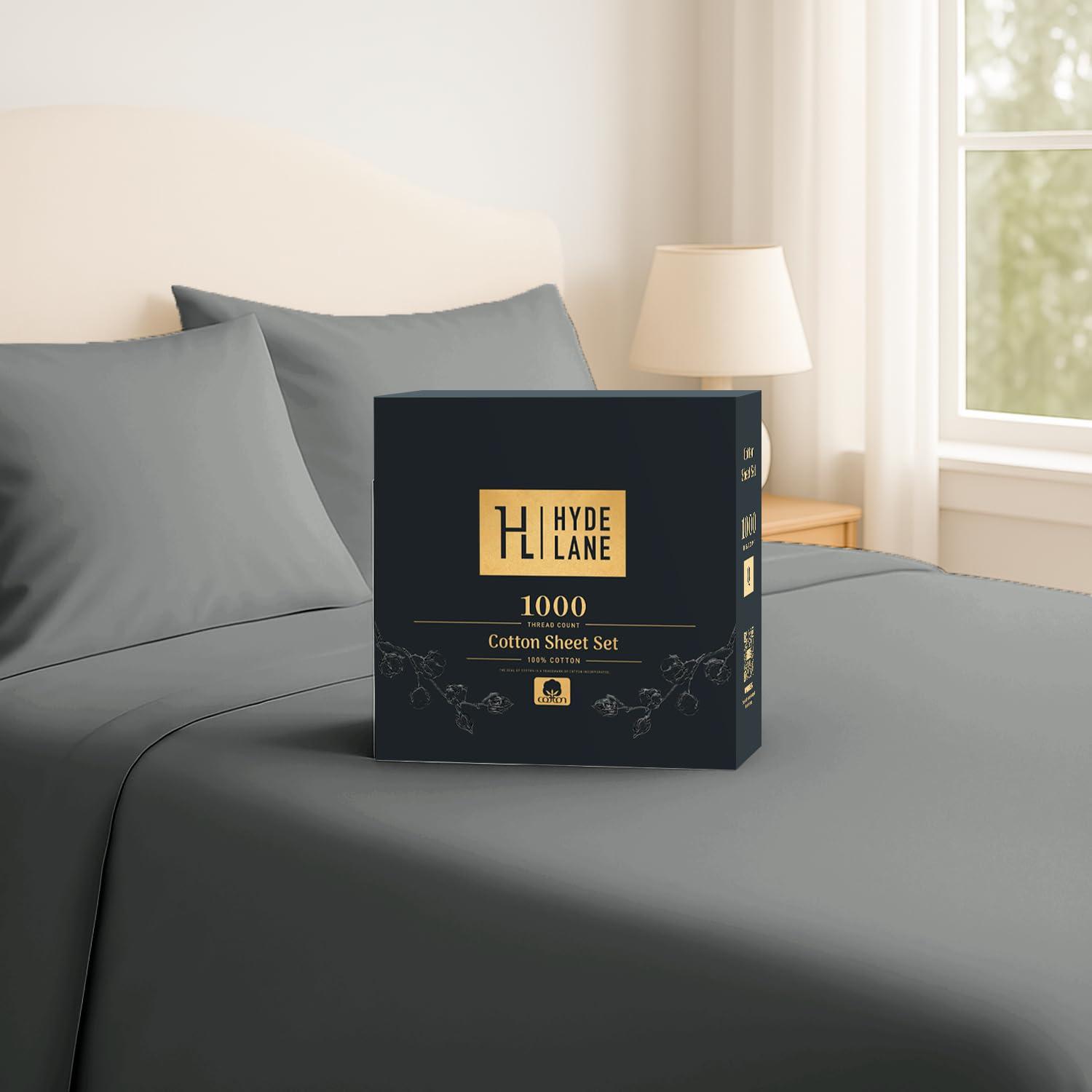 Hyde Lane Luxury 1000 Thread Count 100% Cotton Sheets | Very Soft & Thick - Fits Upto 20" Mattress | Sateen Weave Bed Sheets 18" Deep Pocket- 4 PC Sheet Set (Grey, California King)