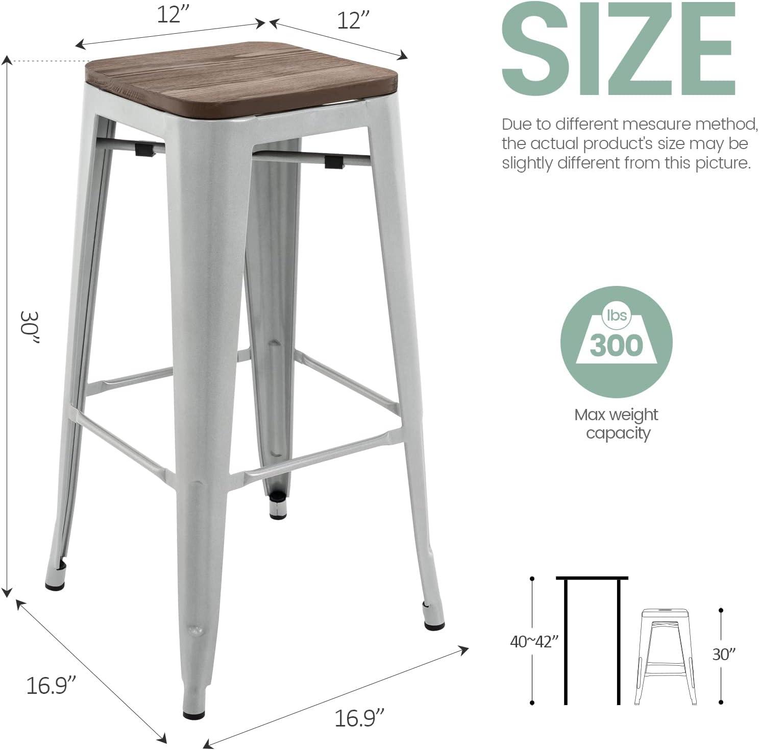 Pearl Grey 30" Backless Swivel Metal Bar Stools with Elm Wood Seat