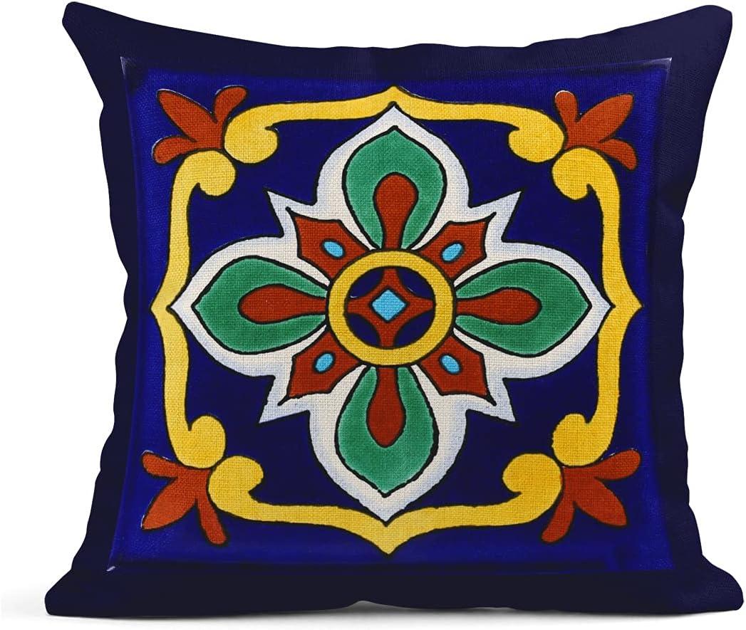 Exotic Geometry Linen Pillow Covers - Set of 4 Spanish Talavera Dark Retro Ethnic Home Decor 18"x18" Flax Cushion Cases Square Pillowcases