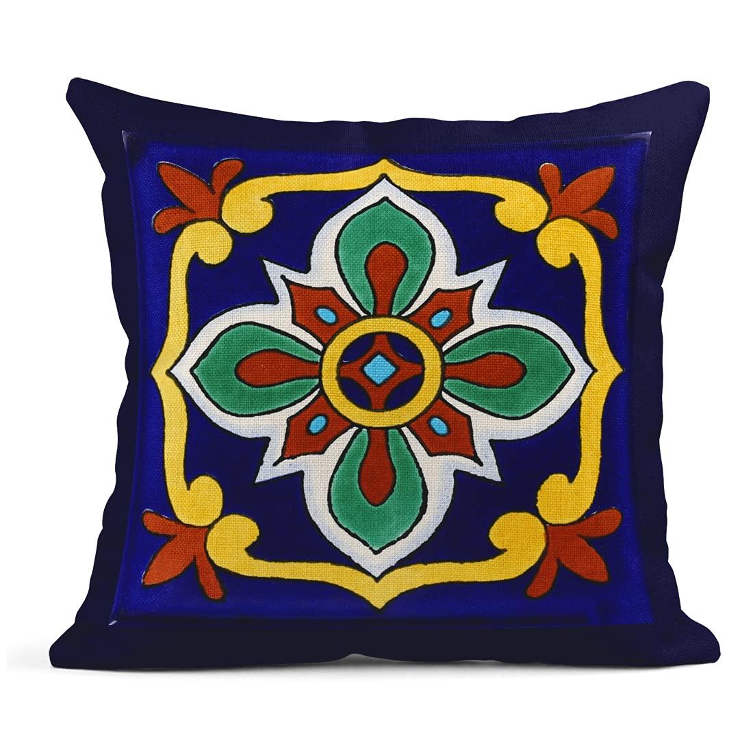 Exotic Geometry Linen Pillow Covers - Set of 4 Spanish Talavera Dark Retro Ethnic Home Decor 18"x18" Flax Cushion Cases Square Pillowcases