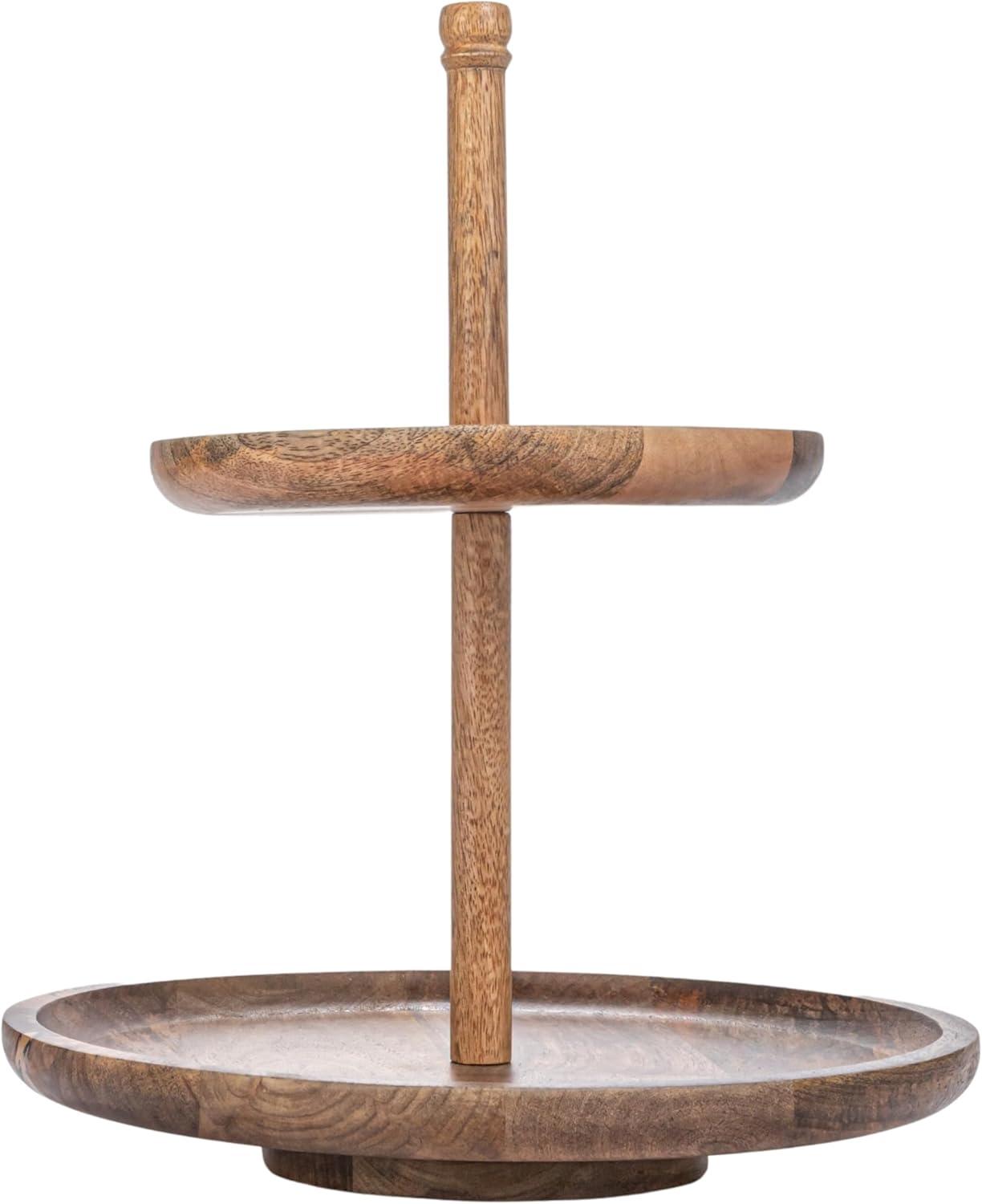 Natural Mango Wood 2-Tier Round Tray with Metal Handle